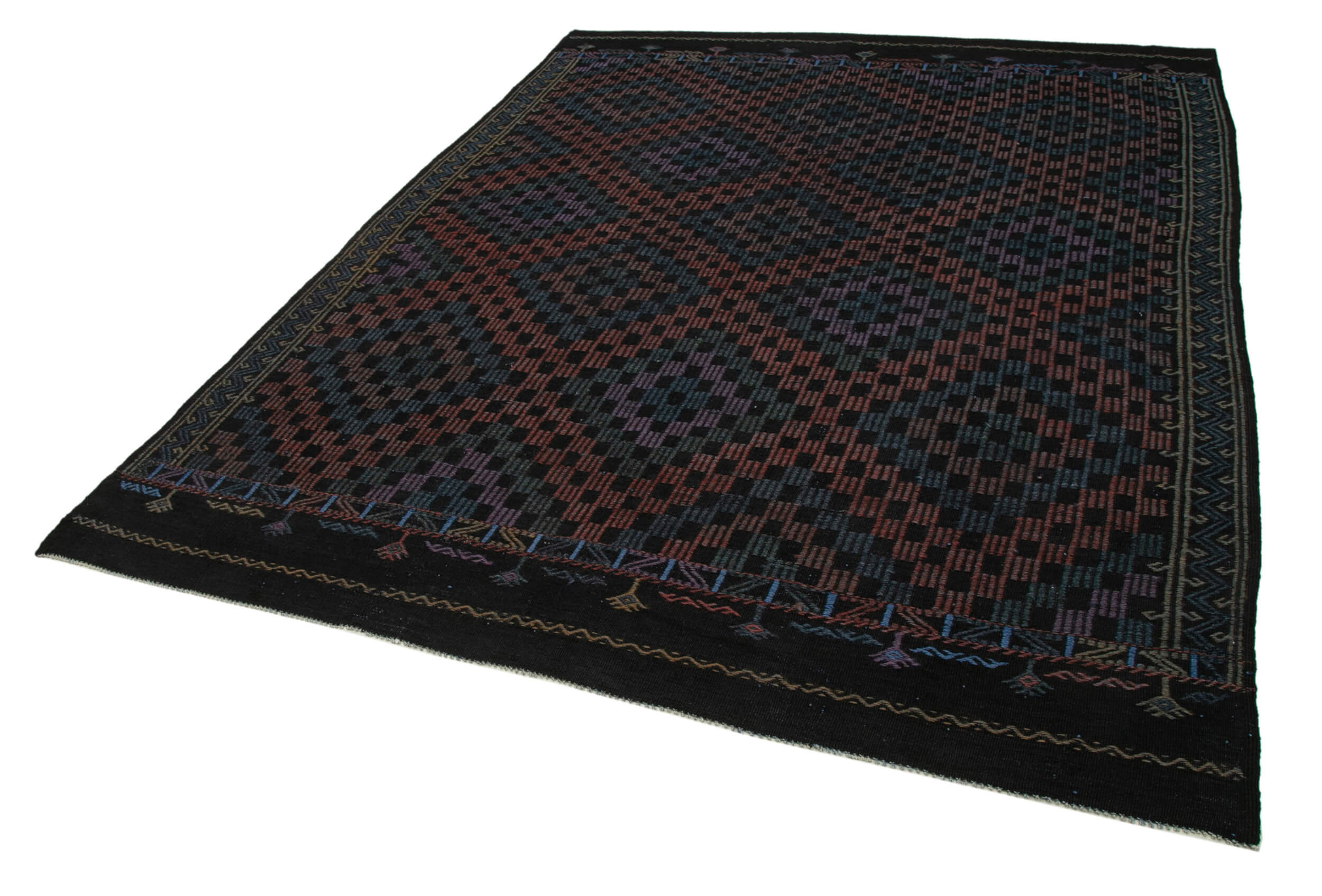 Handmade Kilim Rug – Geometric Black Goat Hair Wool Cotton Area Carpet 6'8"x8'7"