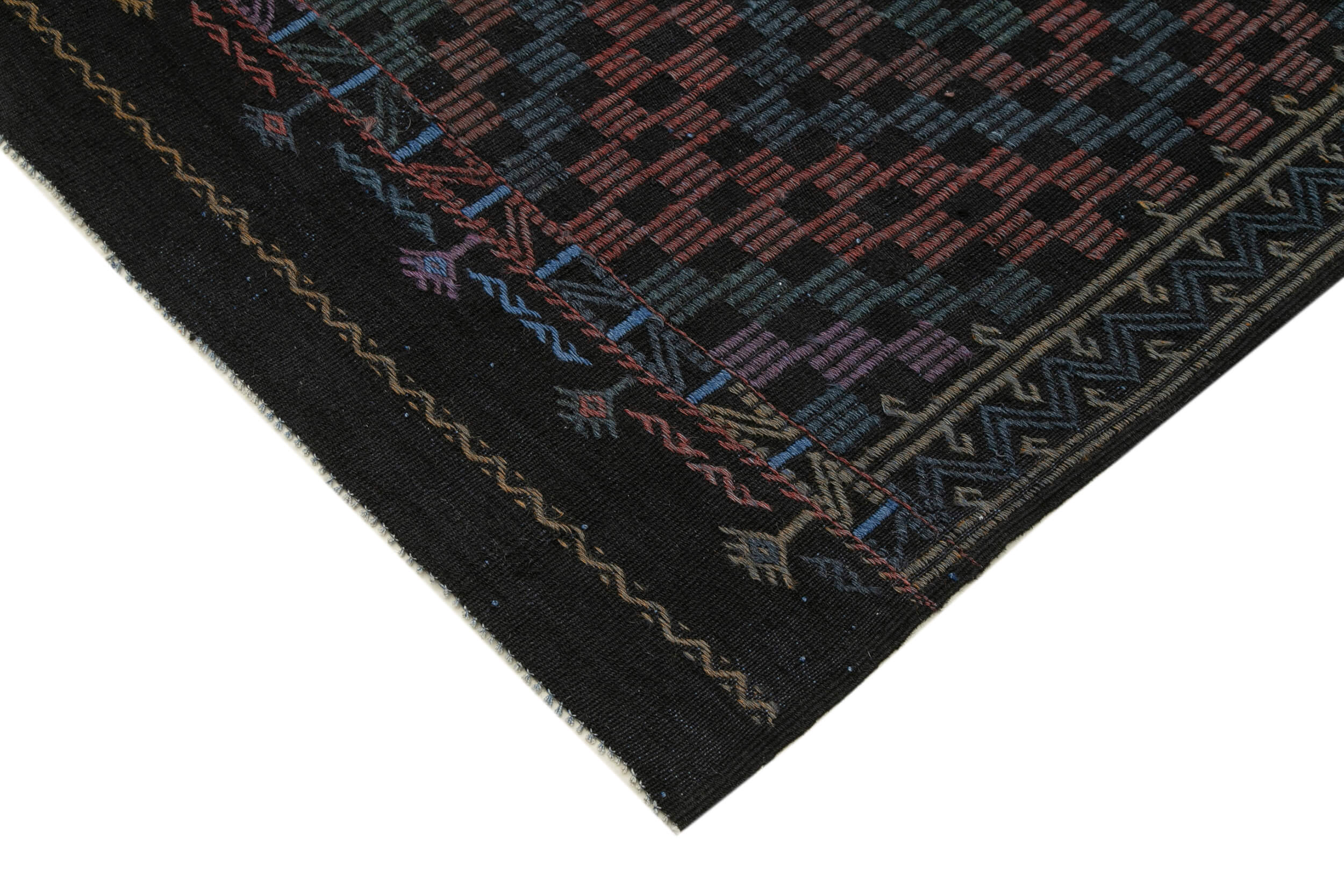 Handmade Kilim Rug – Geometric Black Goat Hair Wool Cotton Area Carpet 6'8"x8'7"
