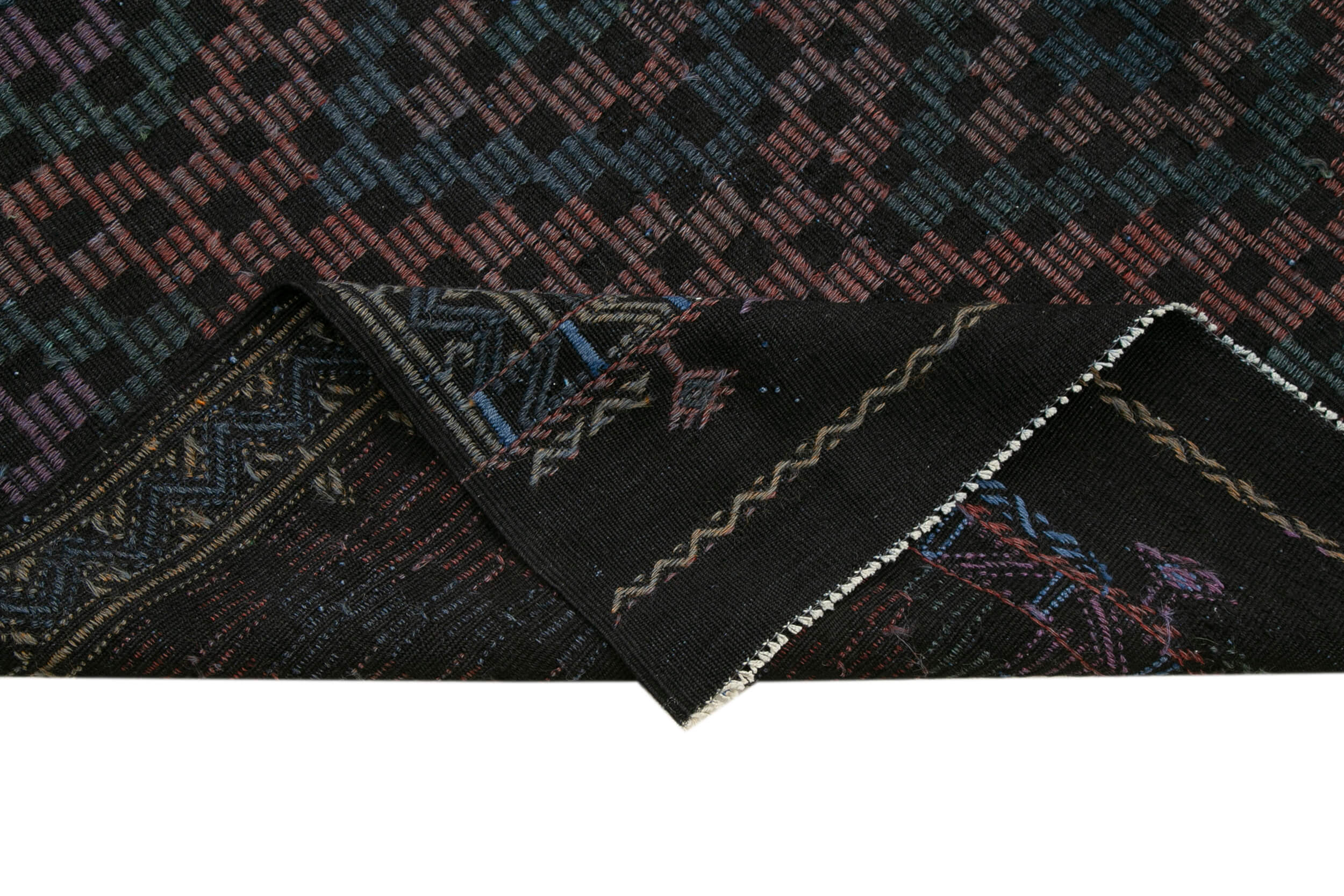 Handmade Kilim Rug – Geometric Black Goat Hair Wool Cotton Area Carpet 6'8"x8'7"