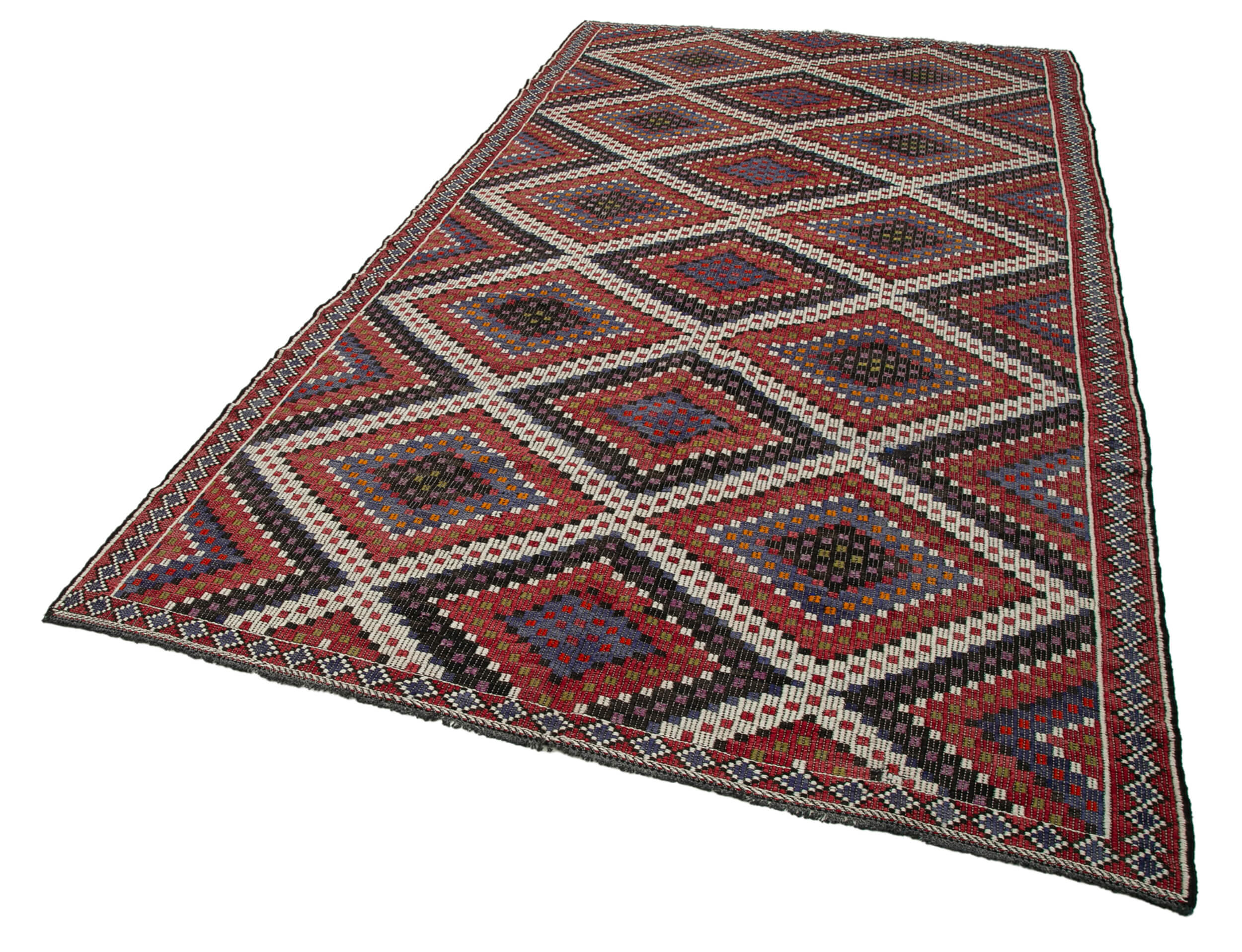 Handmade Geometric Kilim Rug – White Goat Hair, Vintage Wool Carpet 6'x11'8''