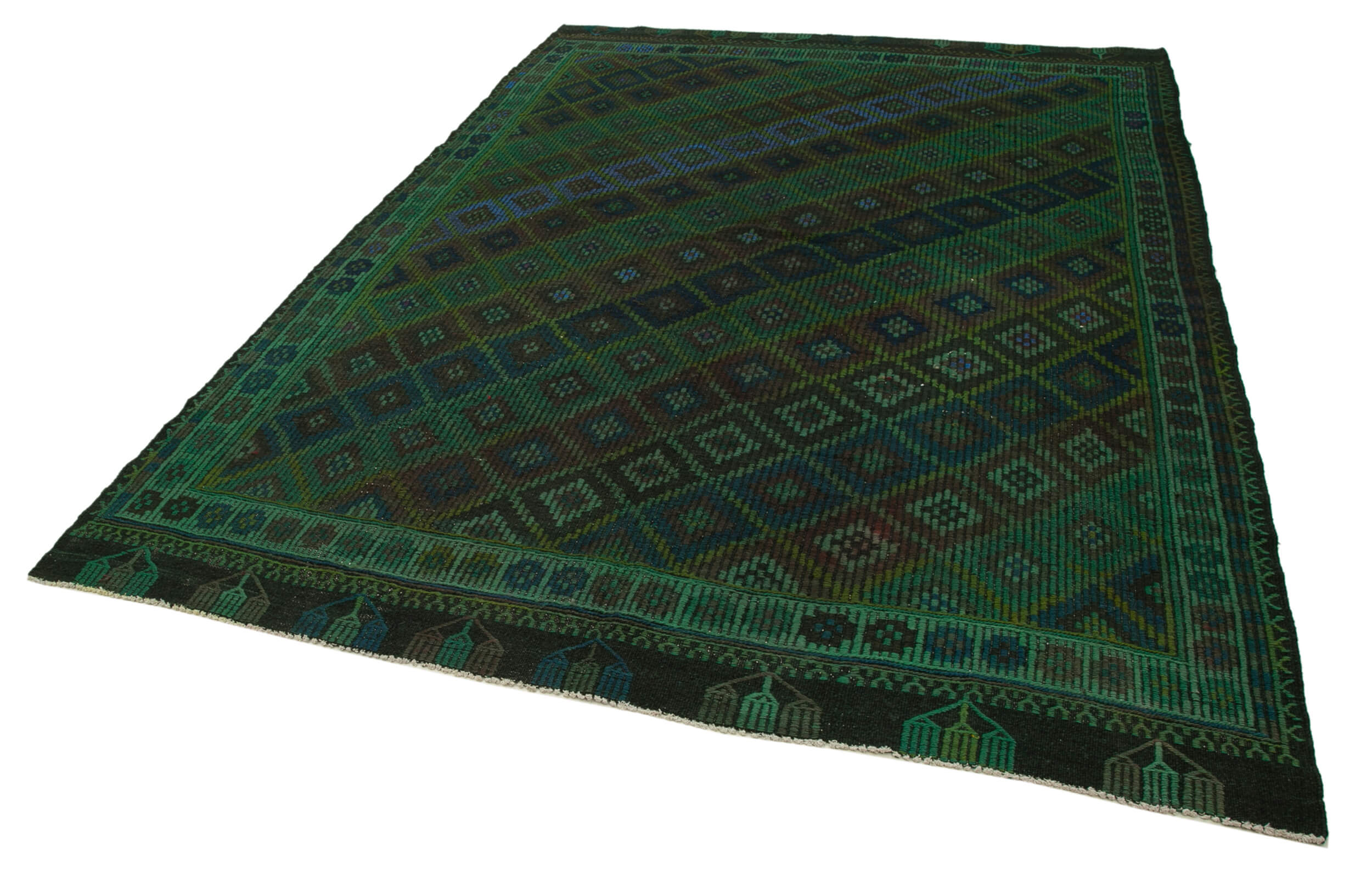 Handmade Geometric Kilim Rug - Green Area Rug 7x9 Foot | Goat Hair & Wool Carpet