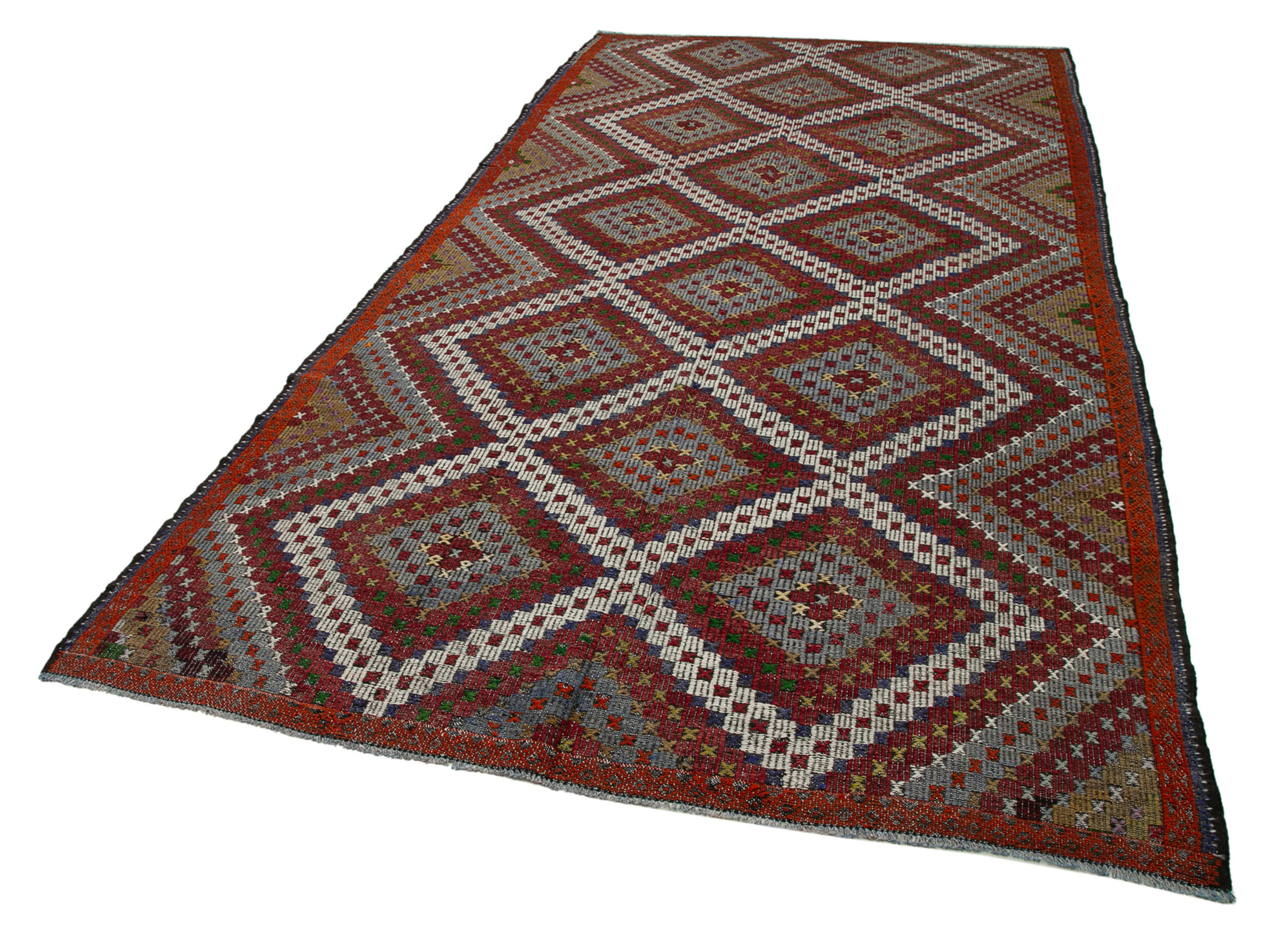 Handmade Geometric Kilim Rug – White Geometric Goat Hair Vintage Area Rug 6'0''x11'4''