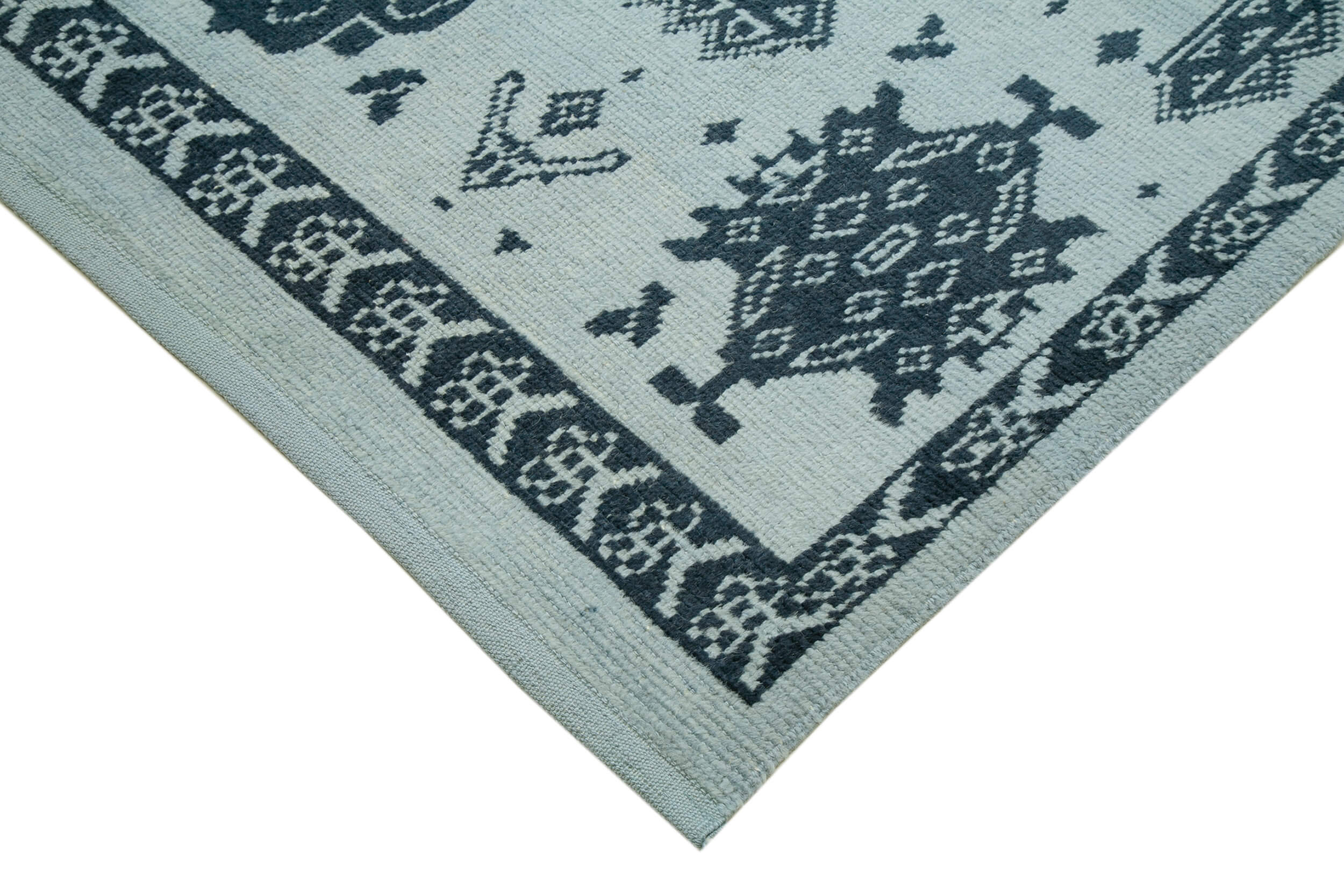 Handmade Wool Cotton Rug - Blue Geometric Rug | Vintage Turkish Carpet 10x14
