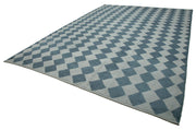 Handmade Wool Cotton Rug - Blue Geometric Area Rug, Large Living Room Carpet 9'9"x13'9"