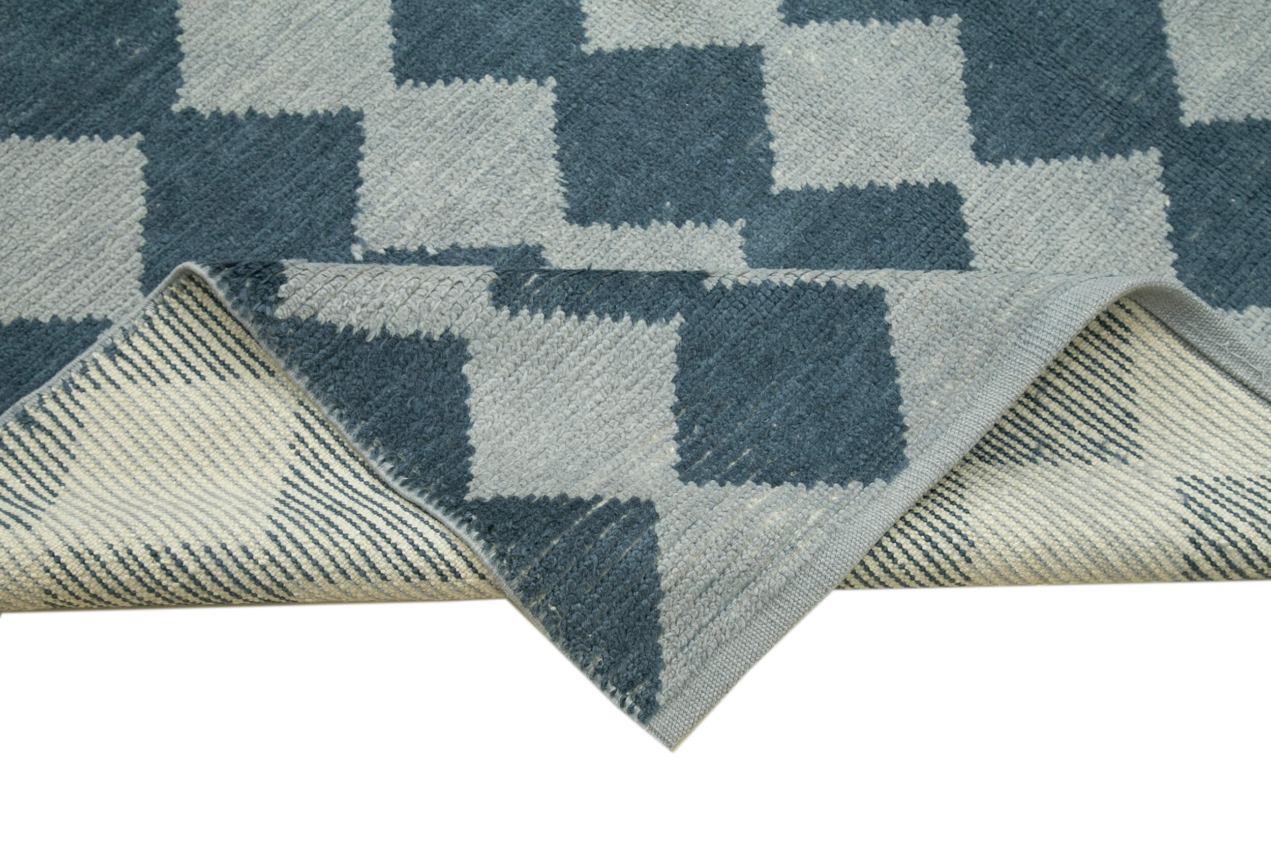 Handmade Wool Cotton Rug - Blue Geometric Area Rug, Large Living Room Carpet 9'9"x13'9"