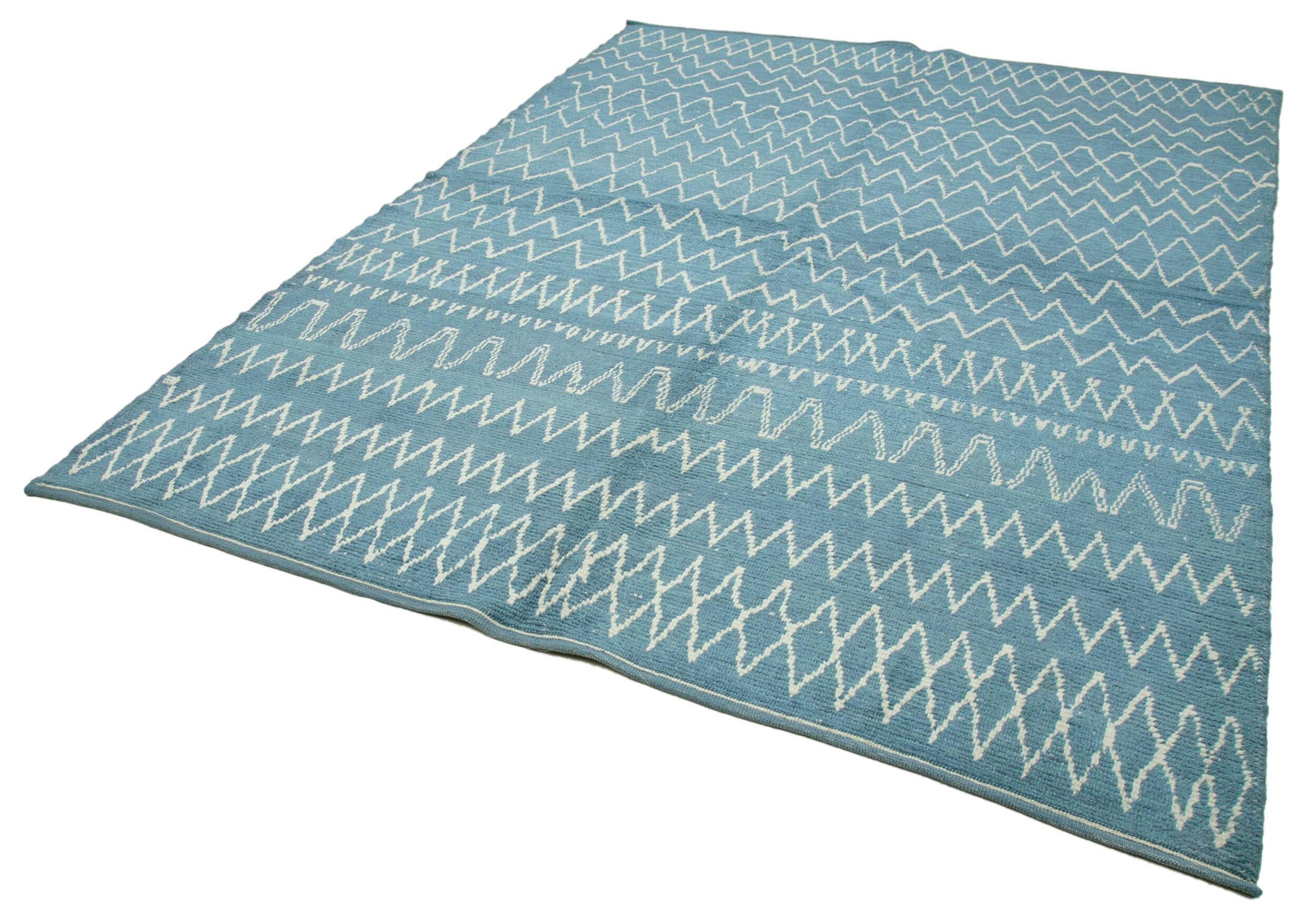 Handmade Wool Cotton Rug - Blue Geometric 7x10 Feet Decorative Area Rug