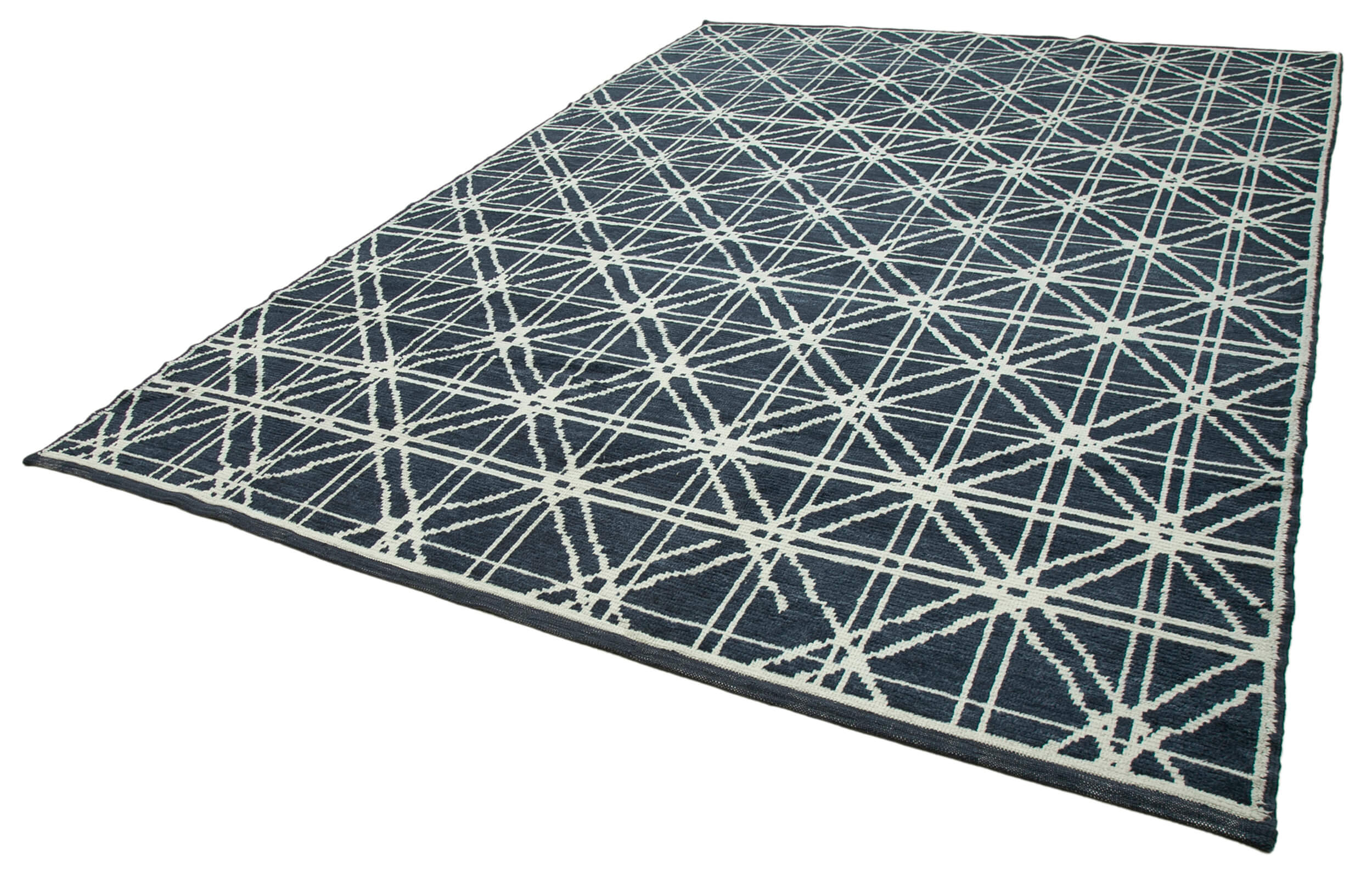 Handmade Wool Cotton Rug – Blue Geometric Pattern | Large Living Room Rug 8'9''x12'7''