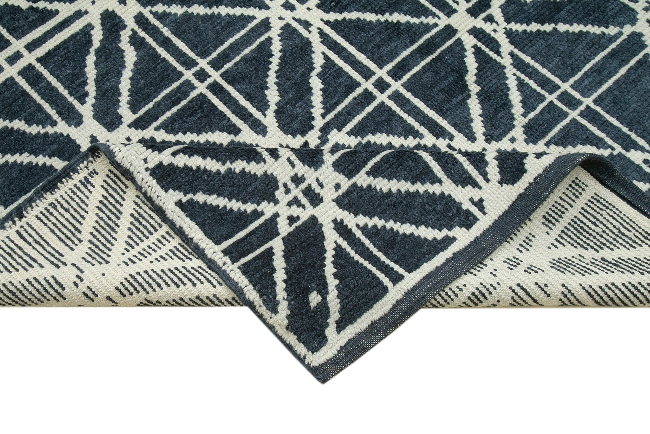 Handmade Wool Cotton Rug – Blue Geometric Pattern | Large Living Room Rug 8'9''x12'7''