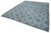 Handmade Wool Cotton Rug – Blue Geometric Area Rug, Vintage Turkish Carpet 9'1''x11'7''
