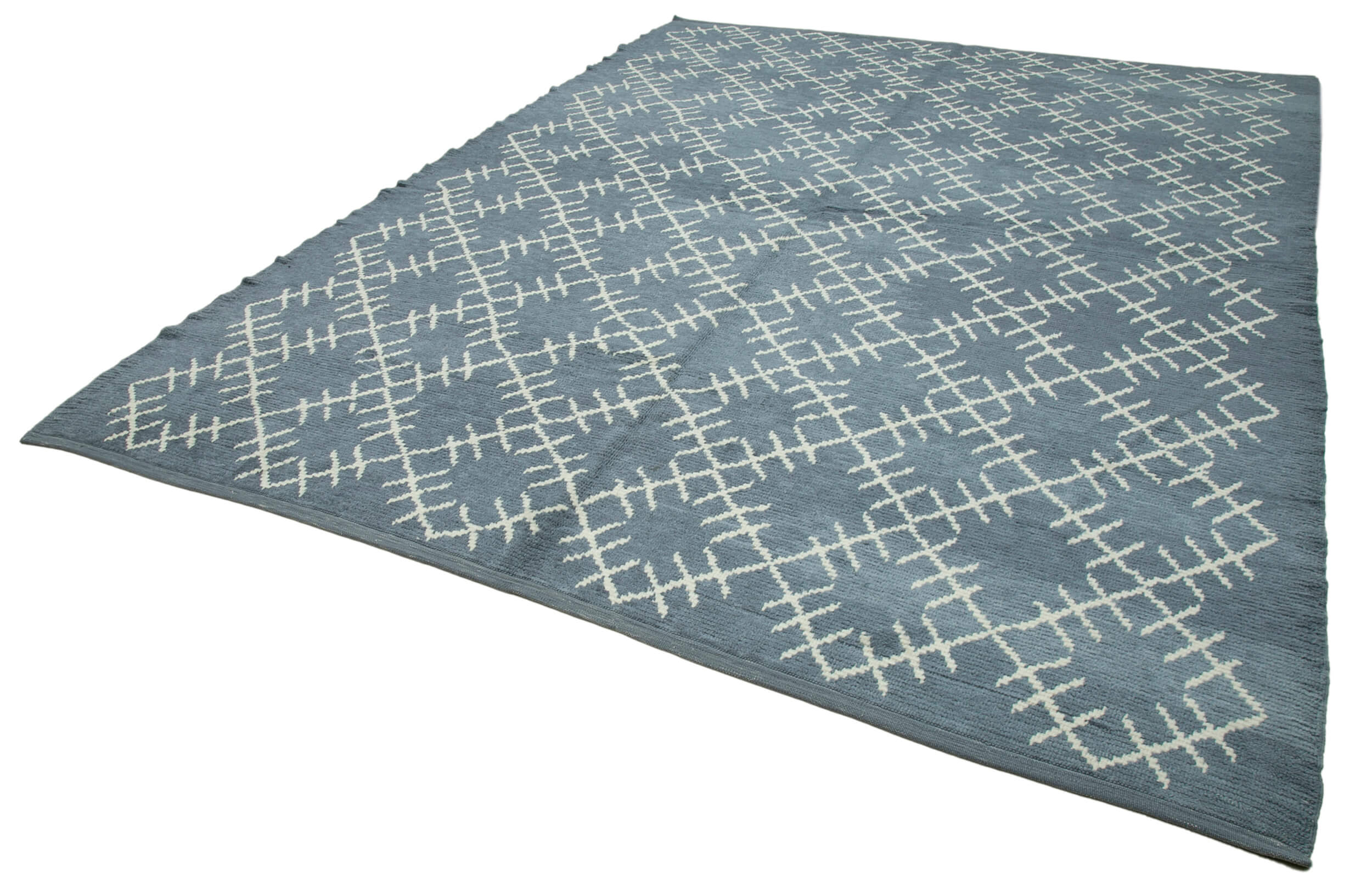Handmade Wool Cotton Rug – Blue Geometric Area Rug, Vintage Turkish Carpet 9'1''x11'7''