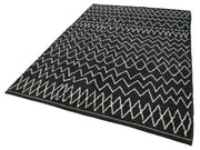 Handmade Wool Cotton Rug - Black Geometric Pattern Turkish Hand Knotted Area Rug 6'1''x8'9''