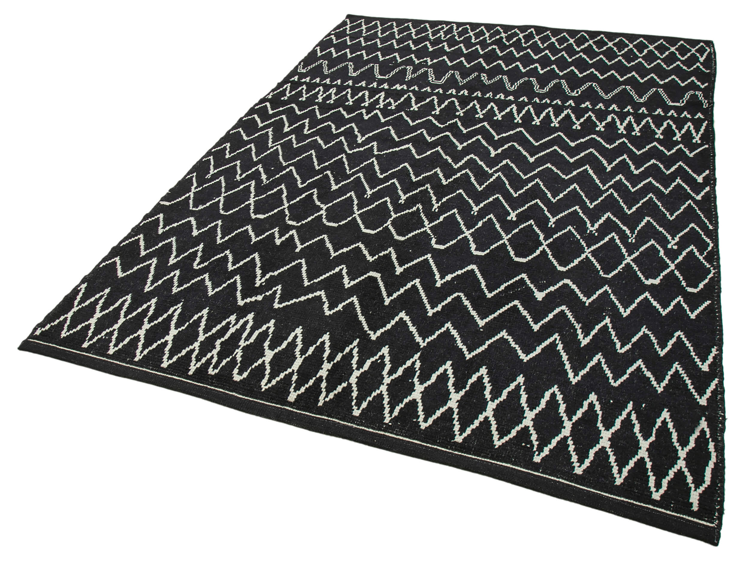 Handmade Wool Cotton Rug - Black Geometric Pattern Turkish Hand Knotted Area Rug 6'1''x8'9''