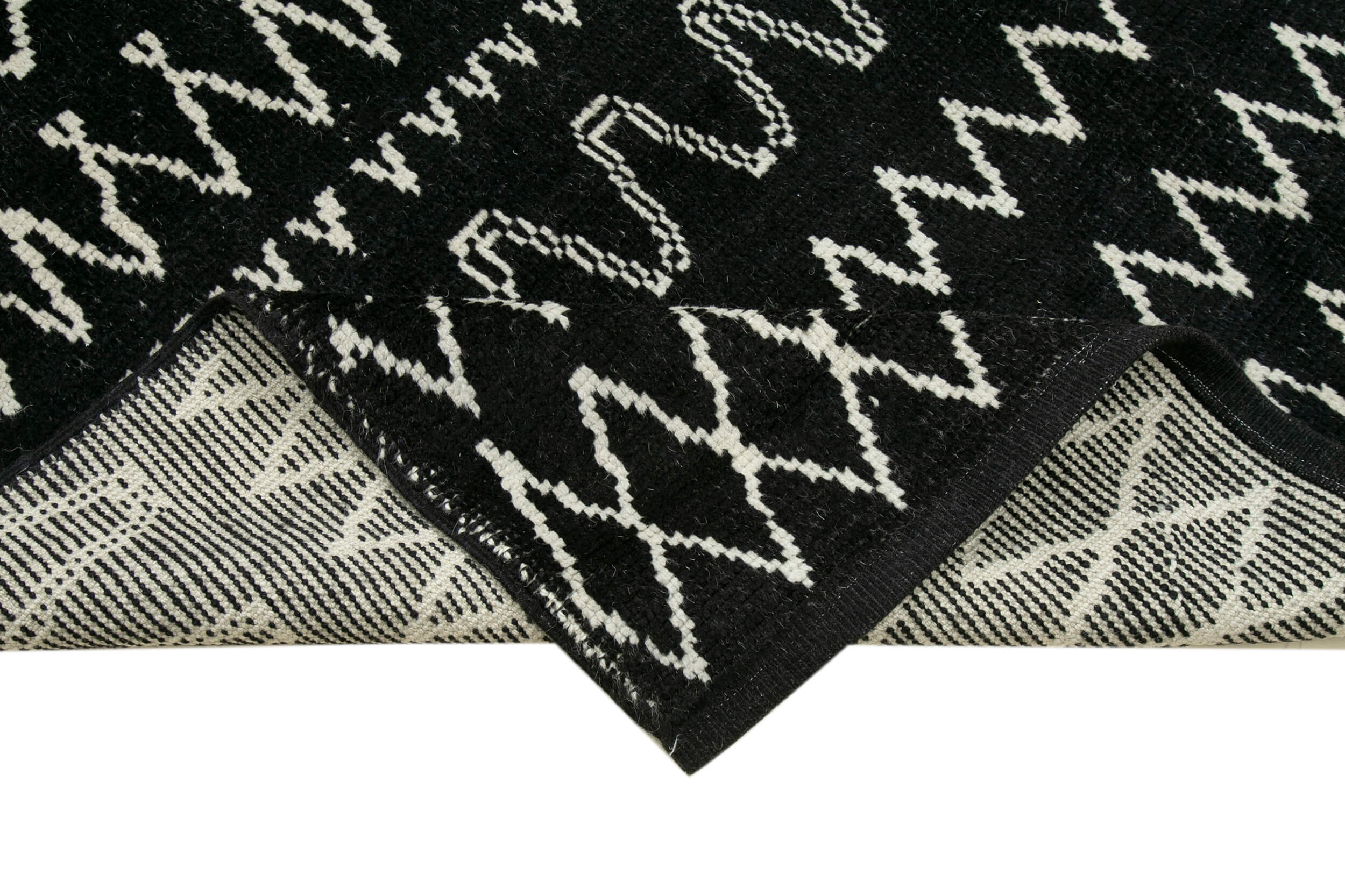 Handmade Wool Cotton Rug - Black Geometric Pattern Turkish Hand Knotted Area Rug 6'1''x8'9''