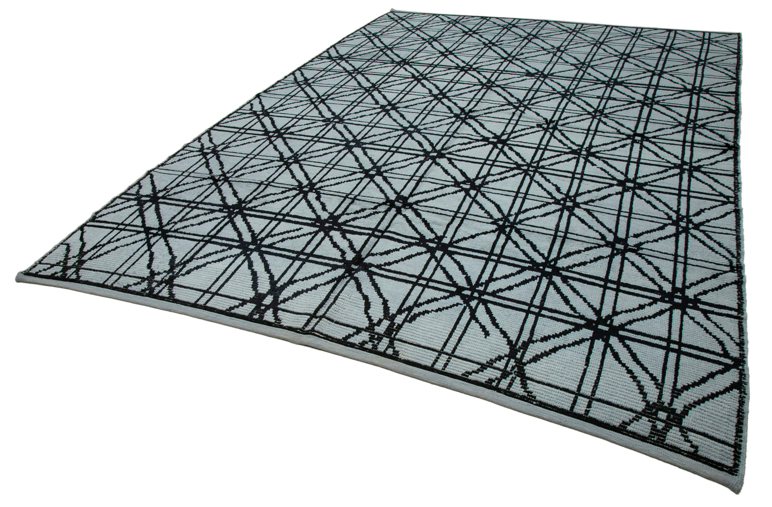 Handmade Wool Rug - Blue Geometric Pattern Rug | Wool Cotton Carpet 8'6" x 12'4"