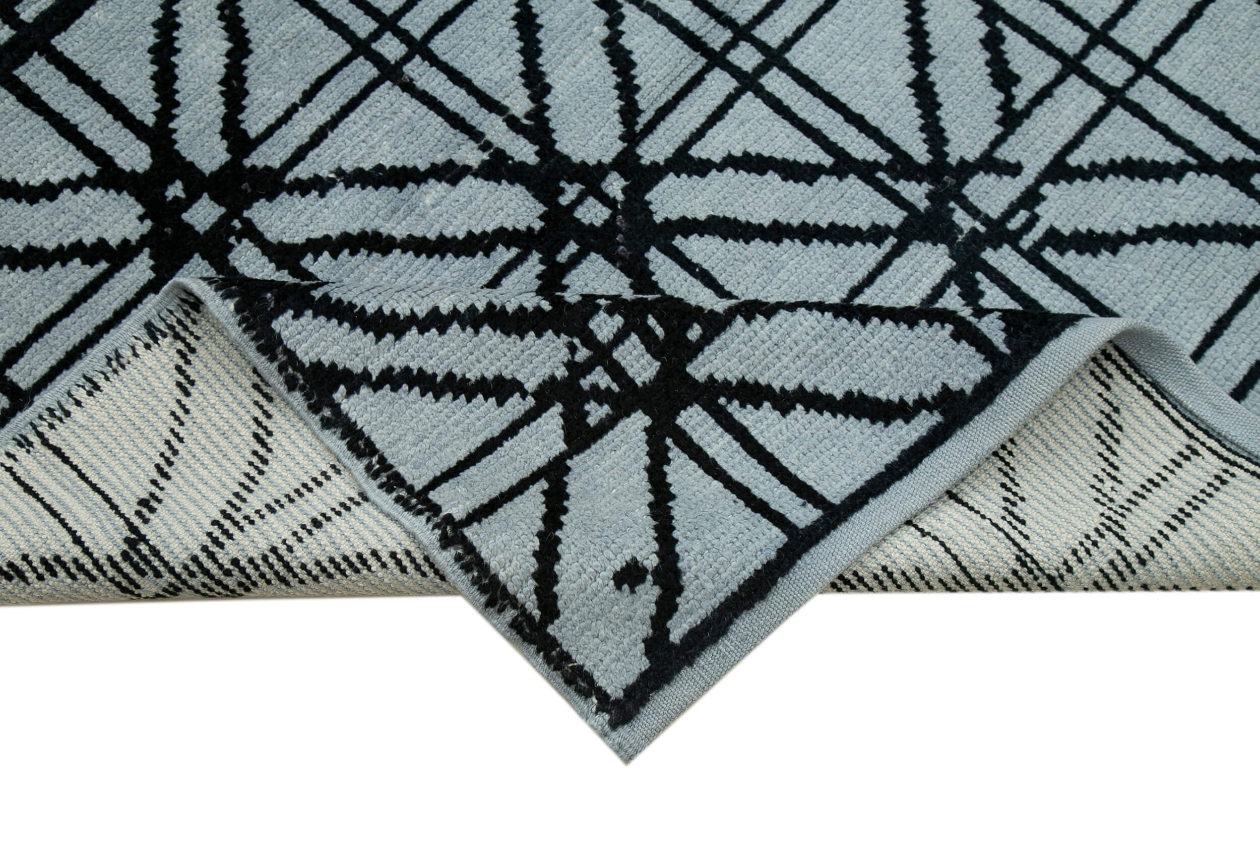 Handmade Wool Rug - Blue Geometric Pattern Rug | Wool Cotton Carpet 8'6" x 12'4"