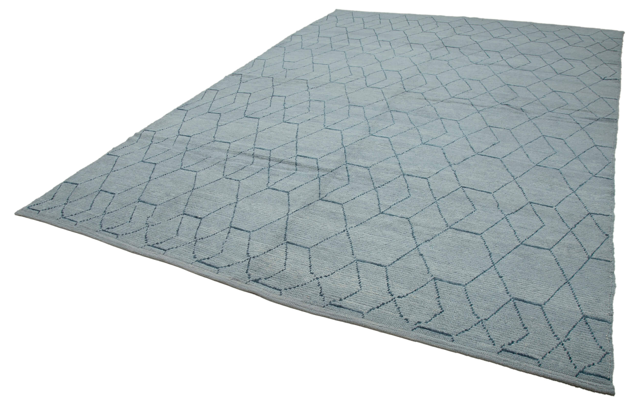 Handmade Wool Cotton Rug – Blue Geometric Turkish Vintage Carpet 9'1''x13'0''