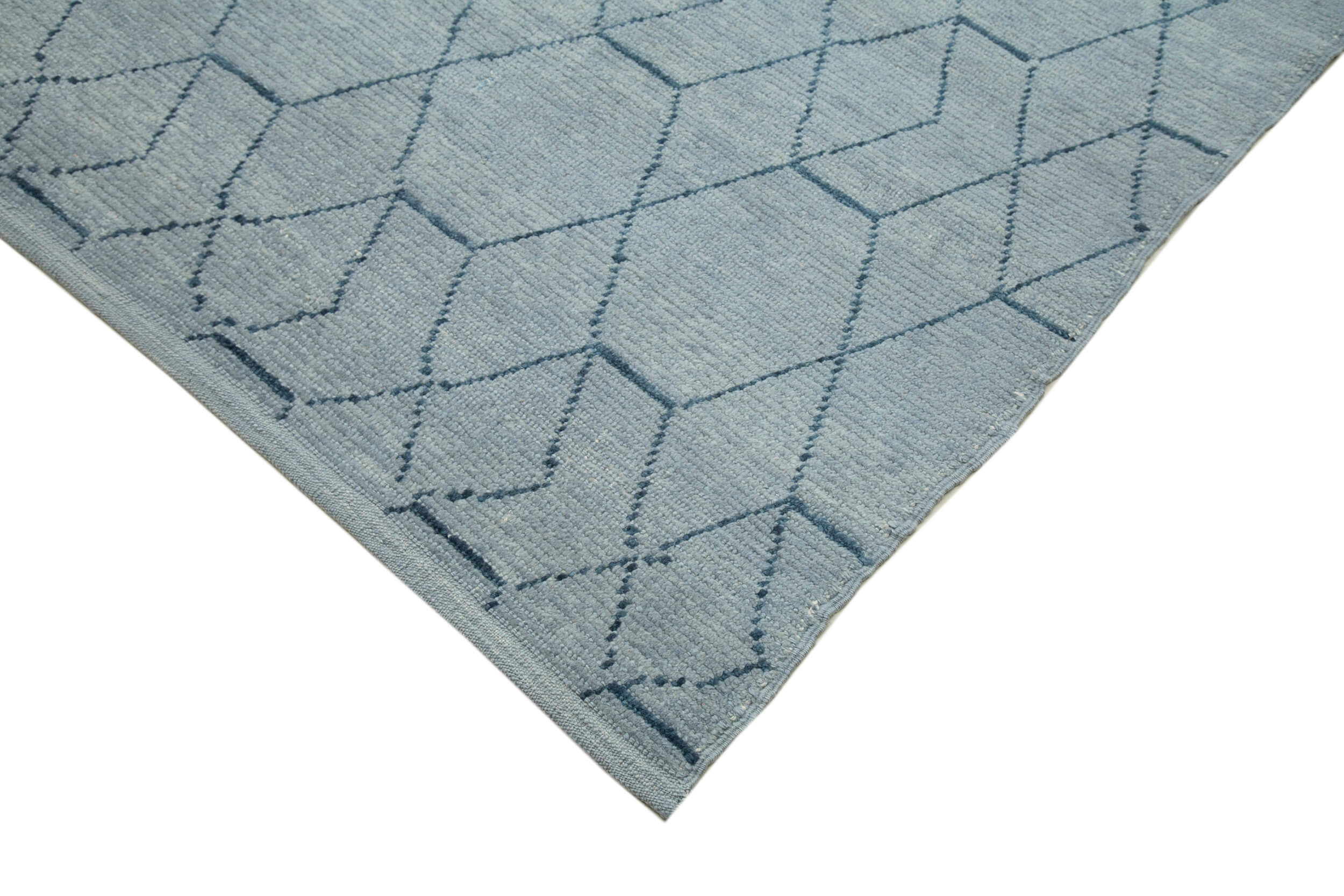 Handmade Wool Cotton Rug – Blue Geometric Turkish Vintage Carpet 9'1''x13'0''