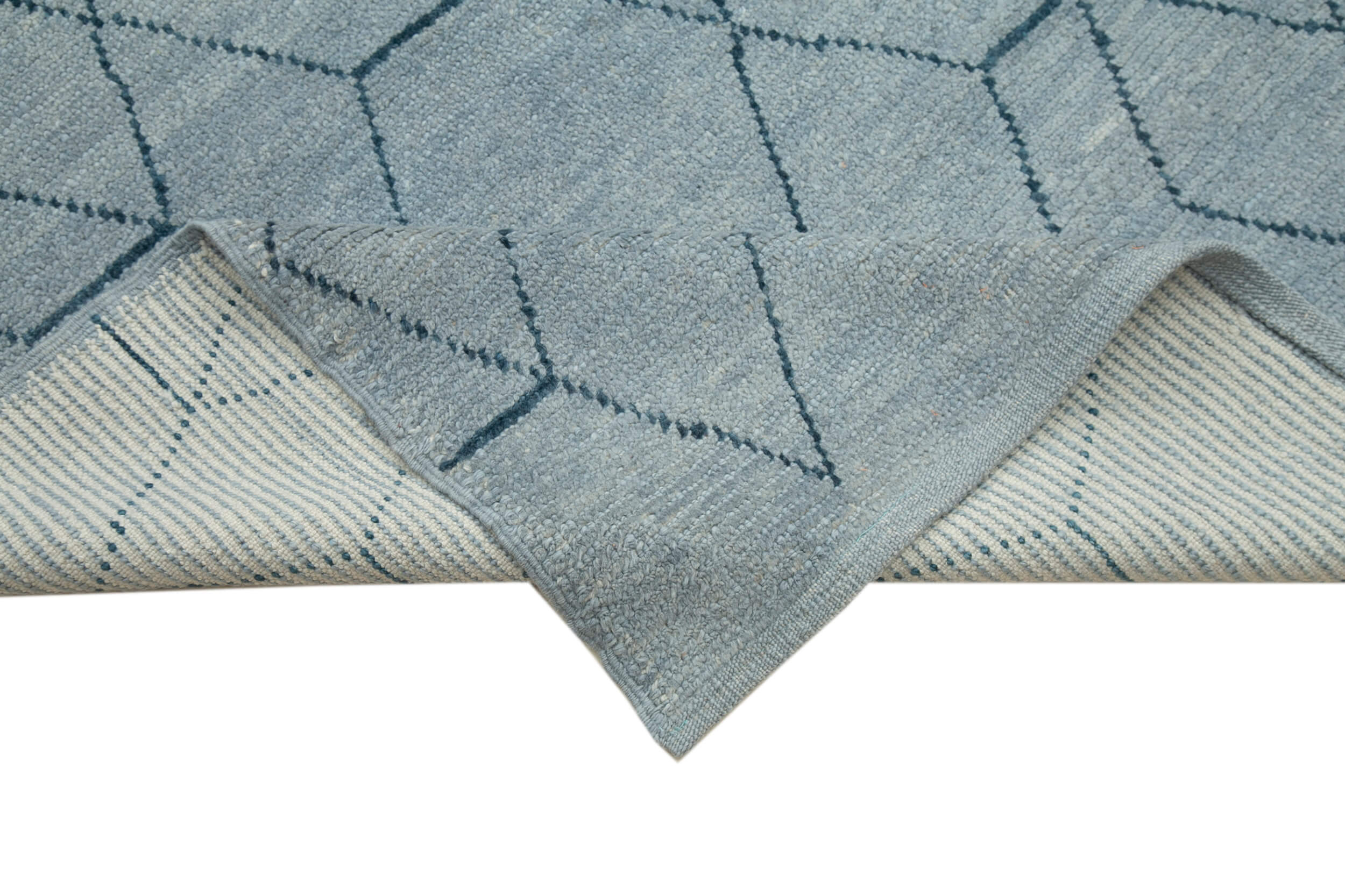 Handmade Wool Cotton Rug – Blue Geometric Turkish Vintage Carpet 9'1''x13'0''