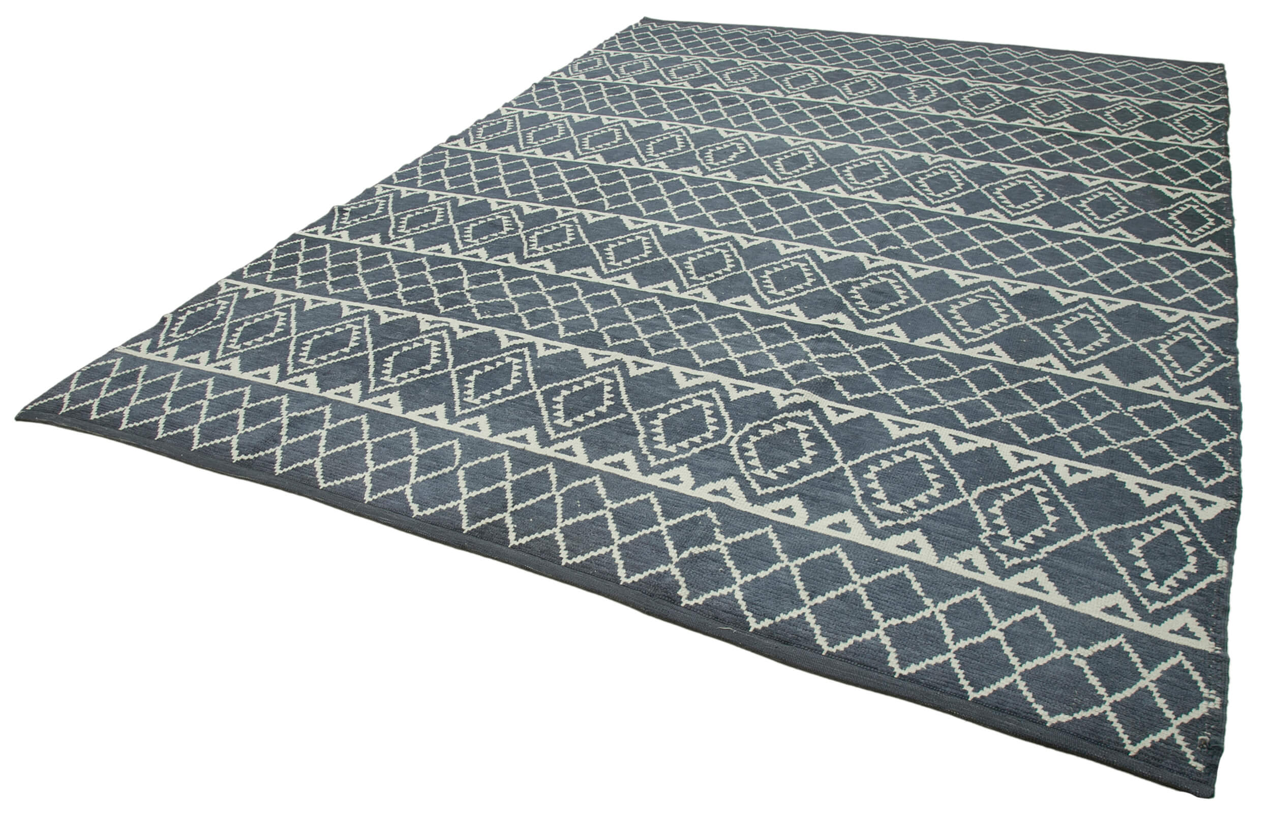 Handmade Wool Cotton Rug – Grey Geometric Area Rug | Vintage Wool Blend Carpet 9'1''x12'4''