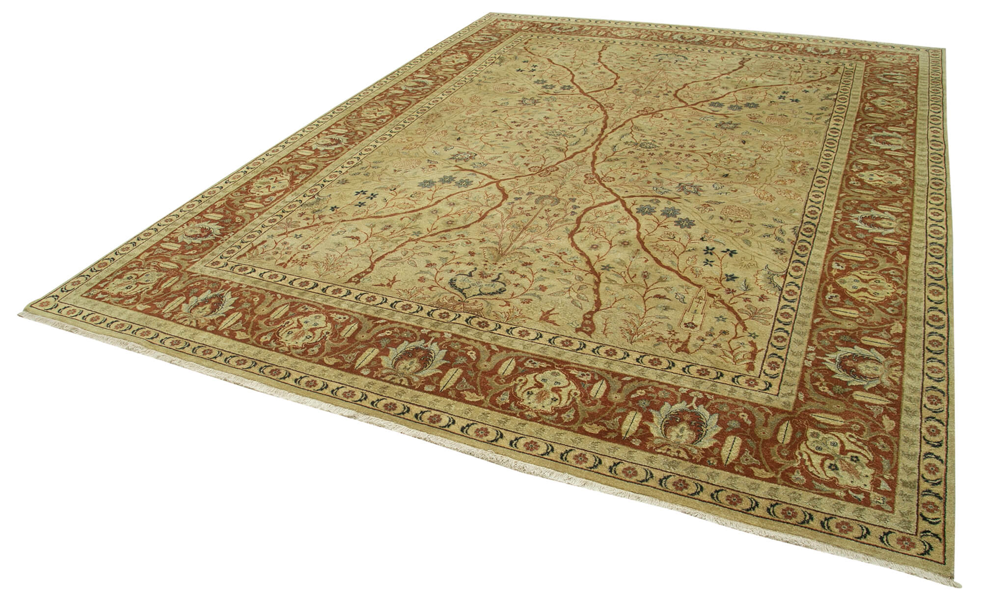 Handmade Wool Area Rug – Tebriz Classic Beige Cotton Wool Carpet 9'1''x12'0''