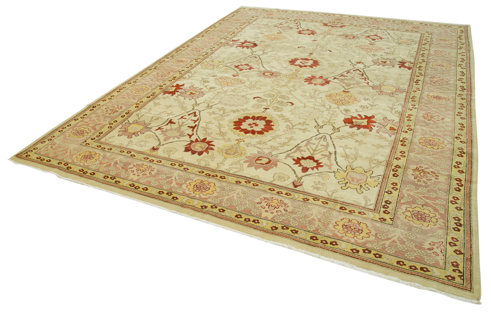 Handmade Wool Area Rug - Tebriz Classic Beige Cotton Wool Rug 8'10" x 11'10"