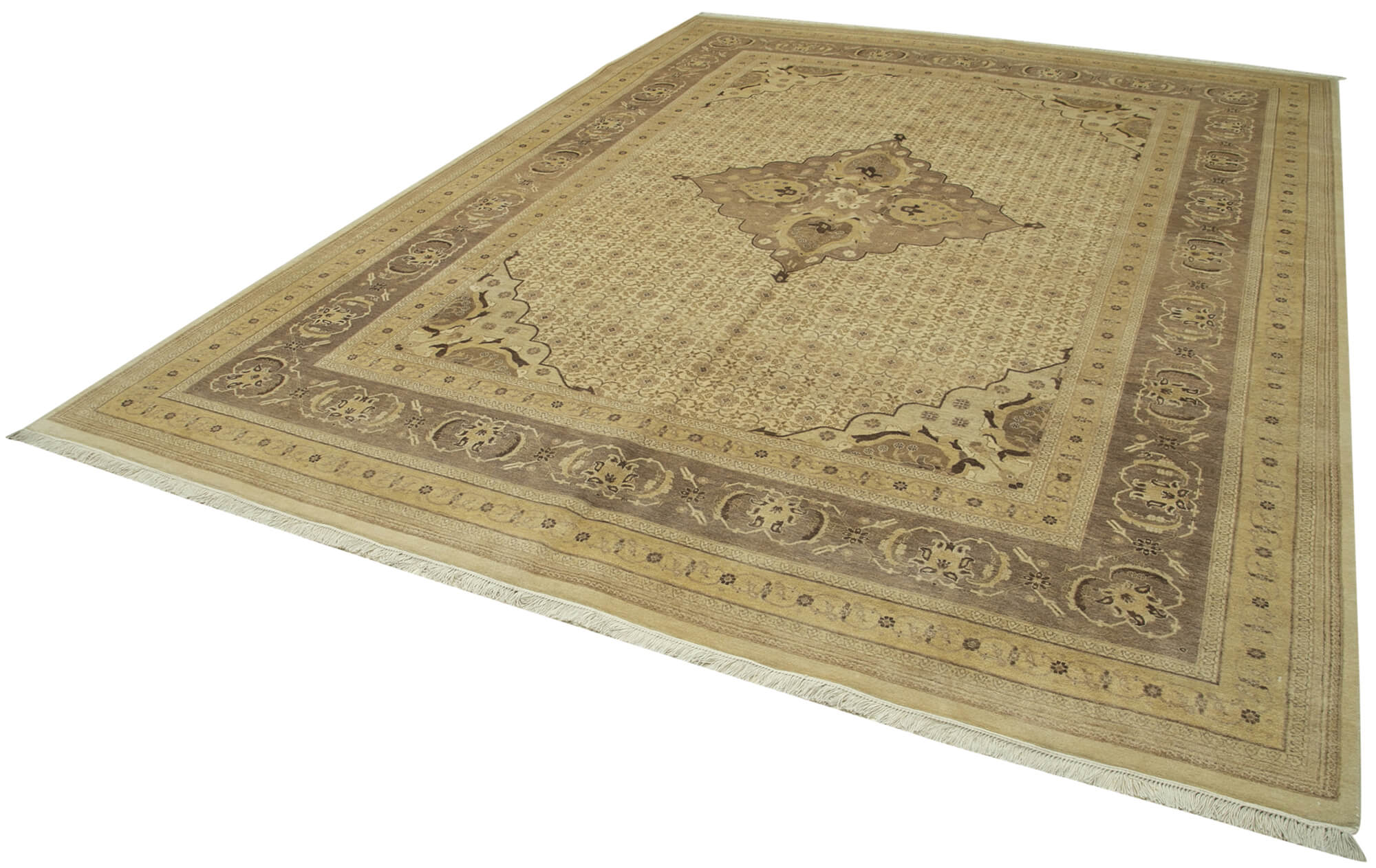 Handmade Wool Area Rug | Tebriz Beige Classic Style Cotton Carpet 9x12