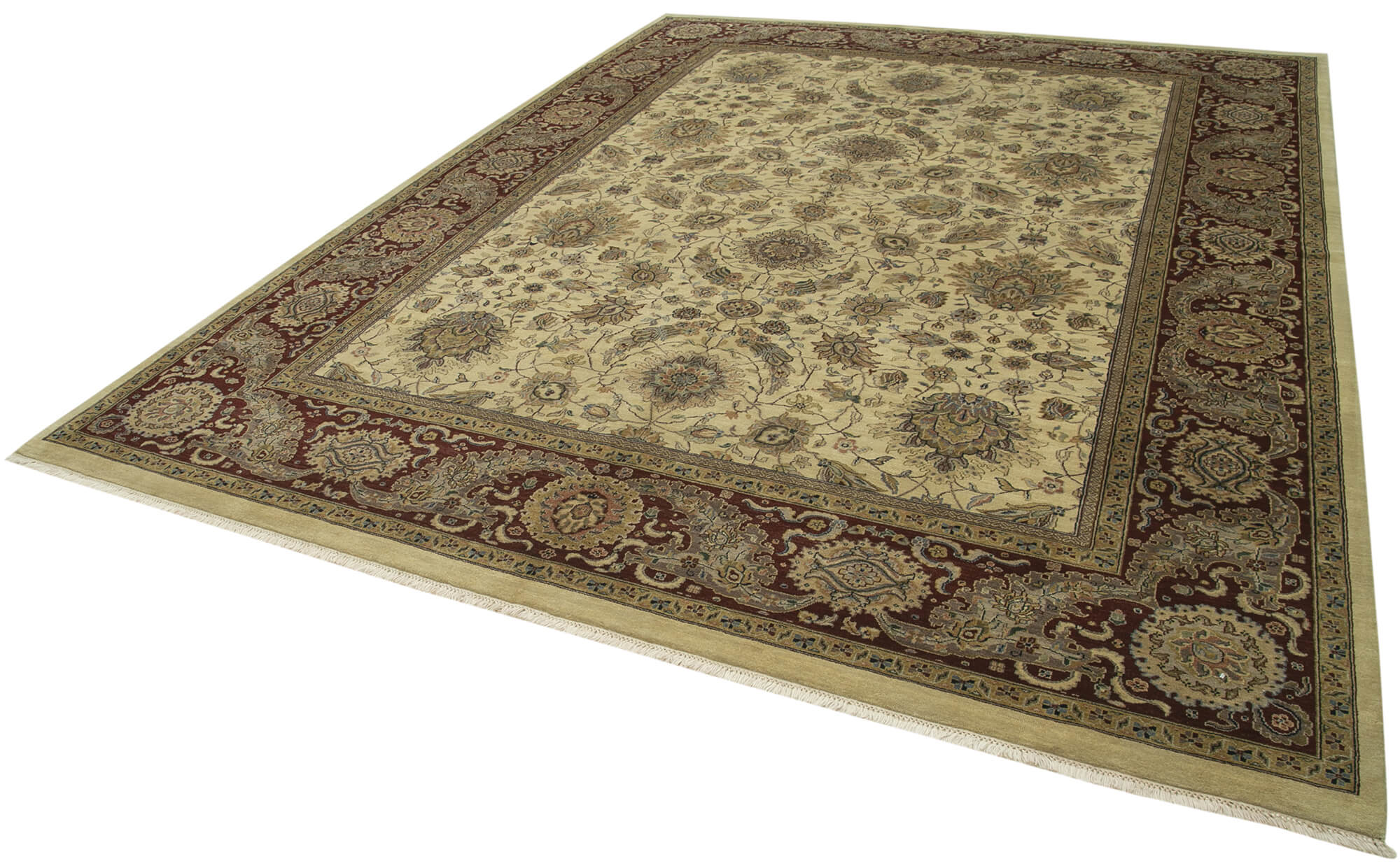 Handmade Wool Area Rug - Tebriz Classic Beige Cotton Wool Rug 9'2" x 12'1"