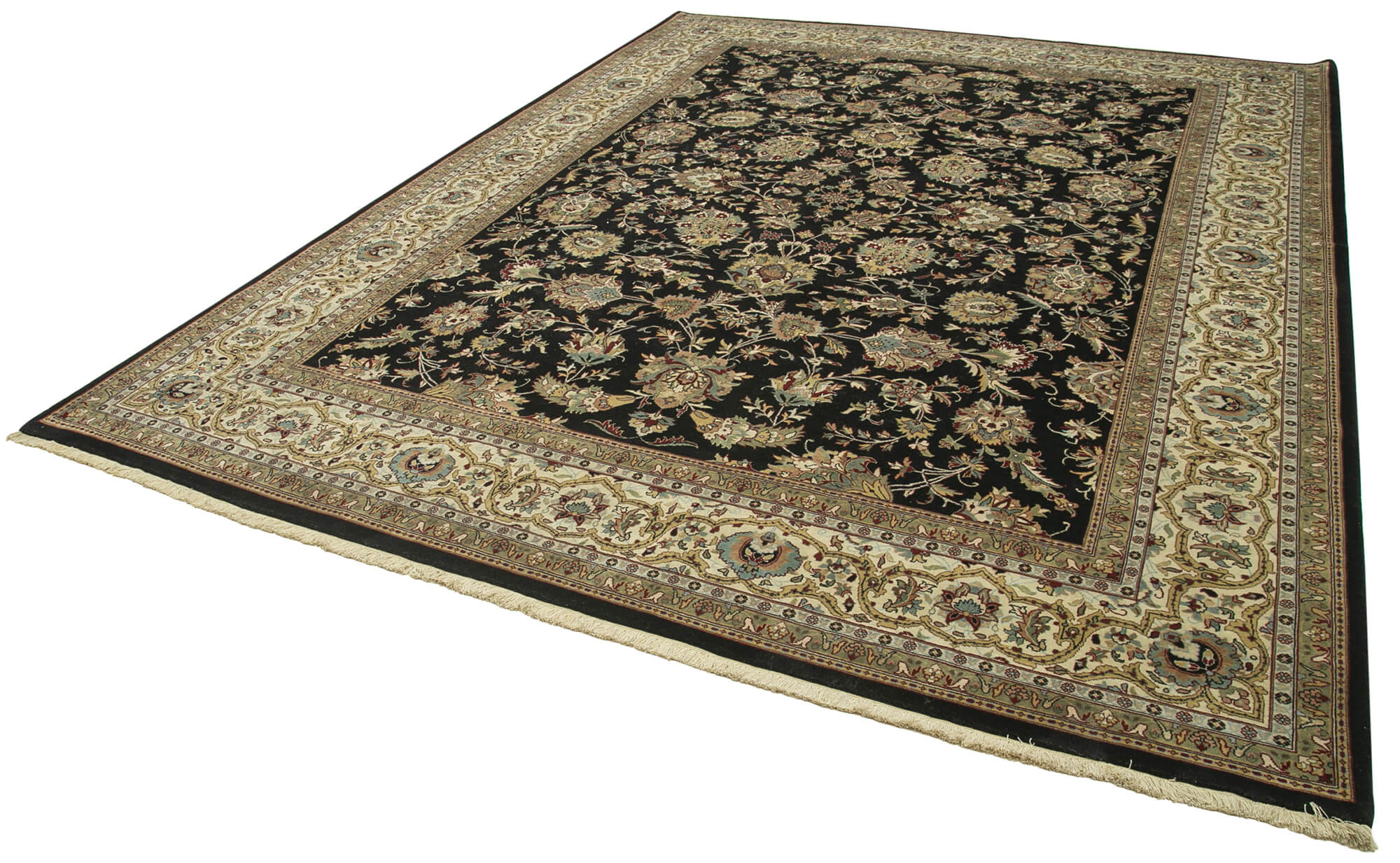 Handmade Area Rug – Classic Black Tebriz Wool & Cotton Carpet 9'2''x12'3''