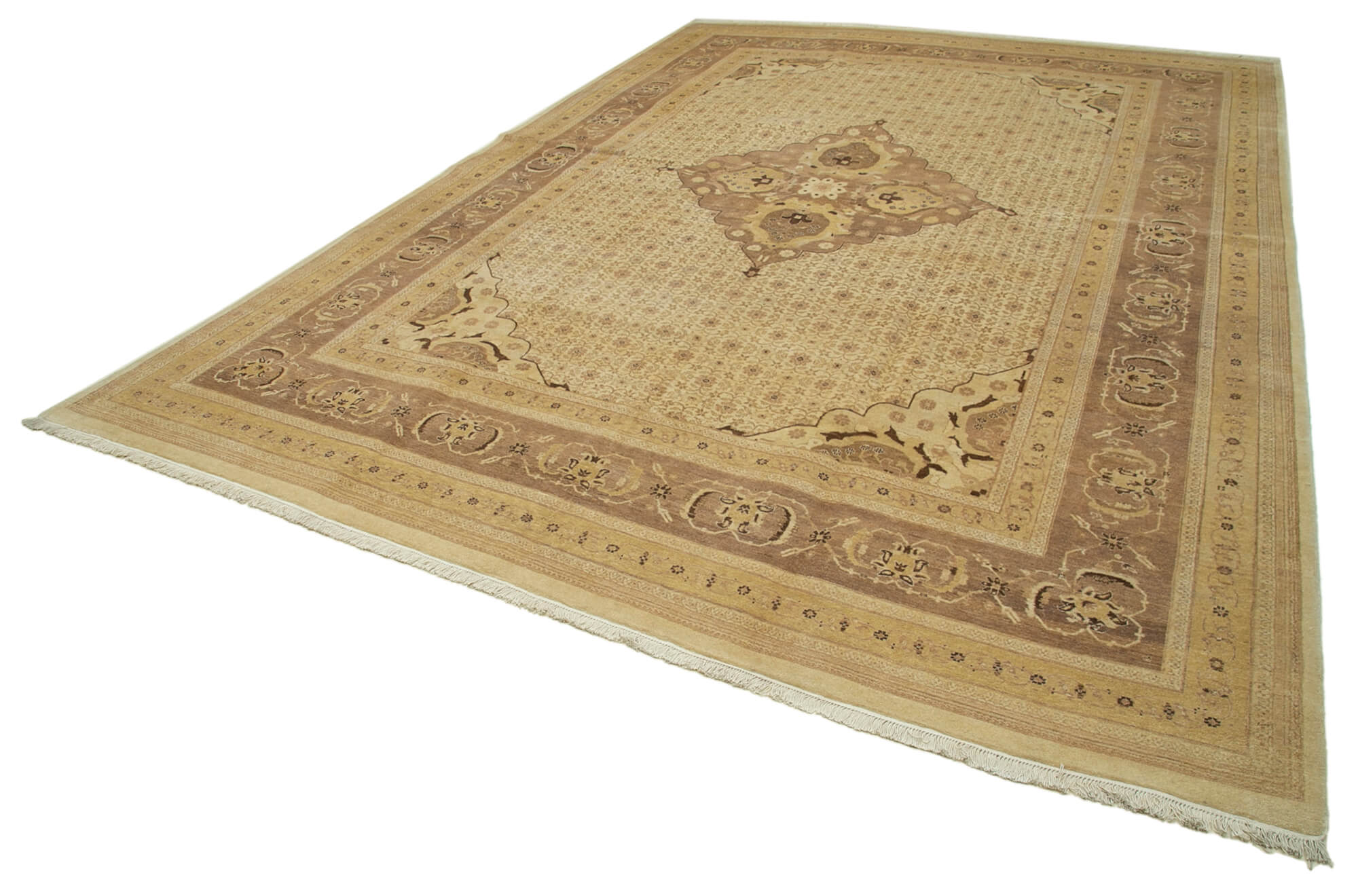 Handmade Wool Area Rug – Tebriz Classic Cotton Rug, Beige Vintage Woven Carpet 10'x13'8"