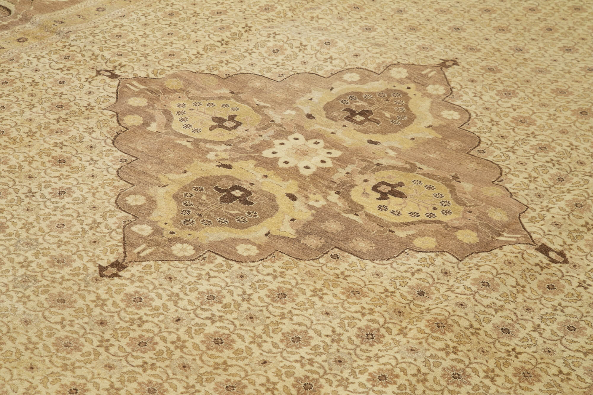 Handmade Wool Area Rug – Tebriz Classic Cotton Rug, Beige Vintage Woven Carpet 10'x13'8"