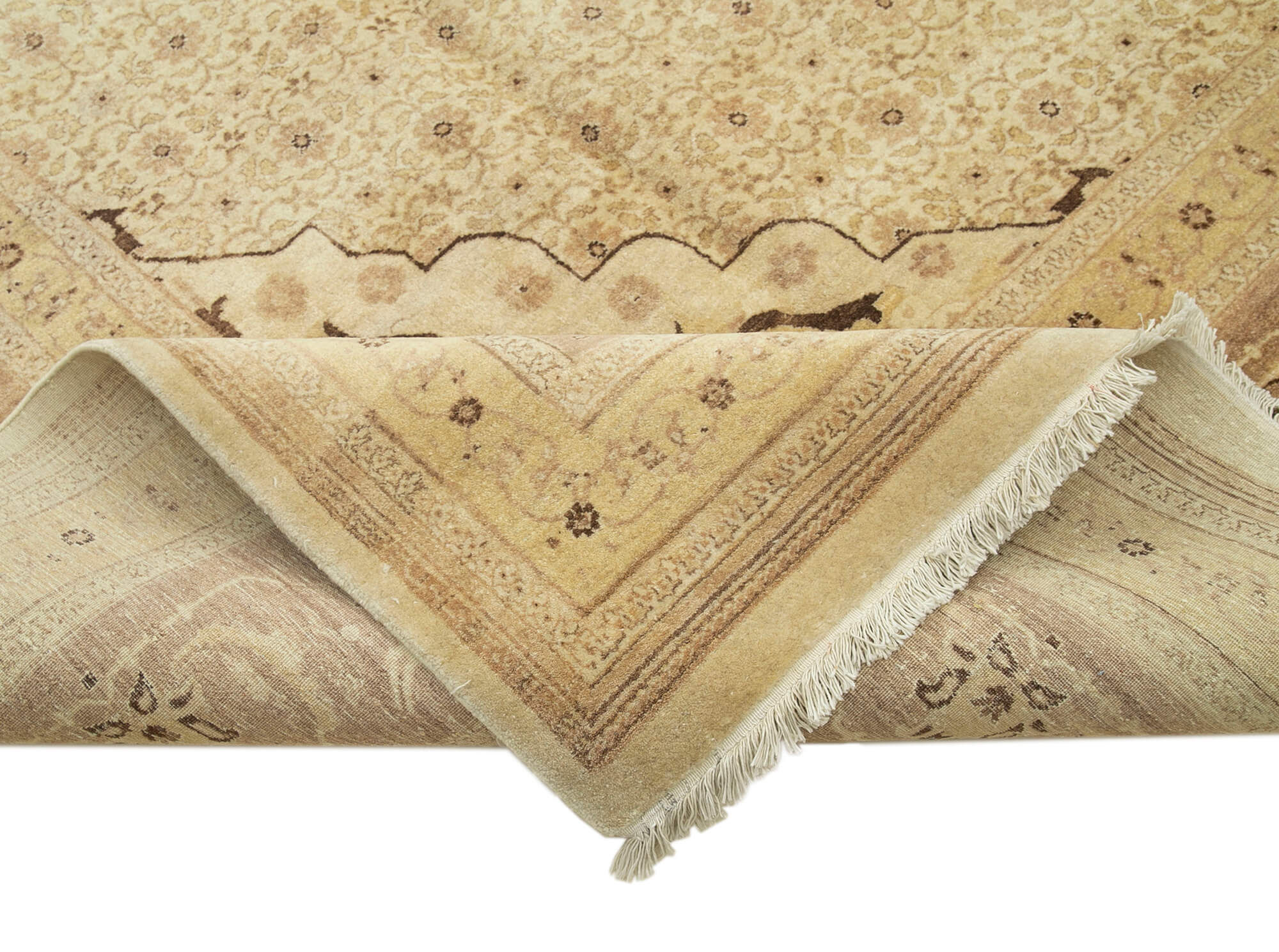 Handmade Wool Area Rug – Tebriz Classic Cotton Rug, Beige Vintage Woven Carpet 10'x13'8"