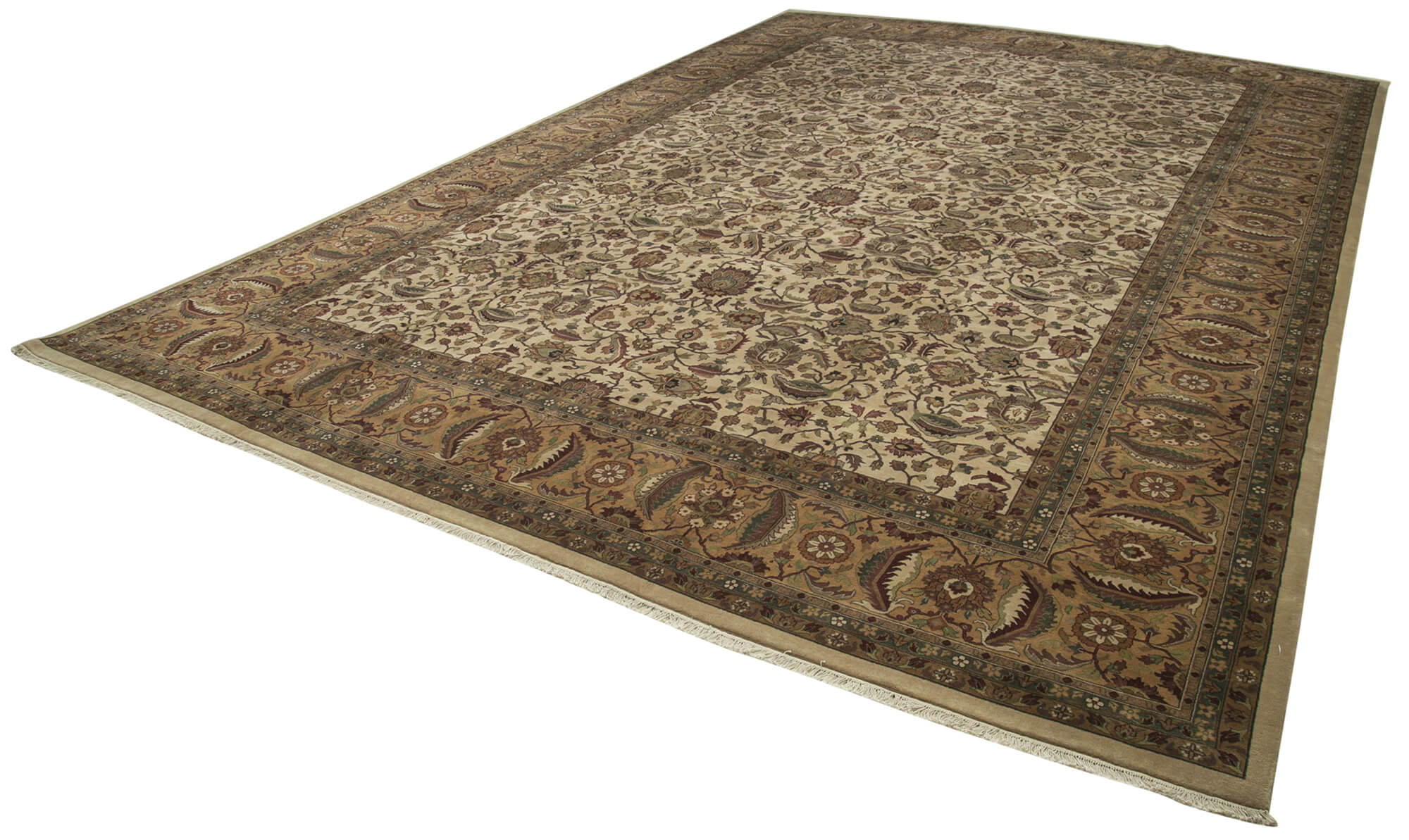 Handmade Wool Area Rug - Tebriz Classic Beige Carpet, Hand Knotted Cotton Wool Rug 12'2''x17'3''