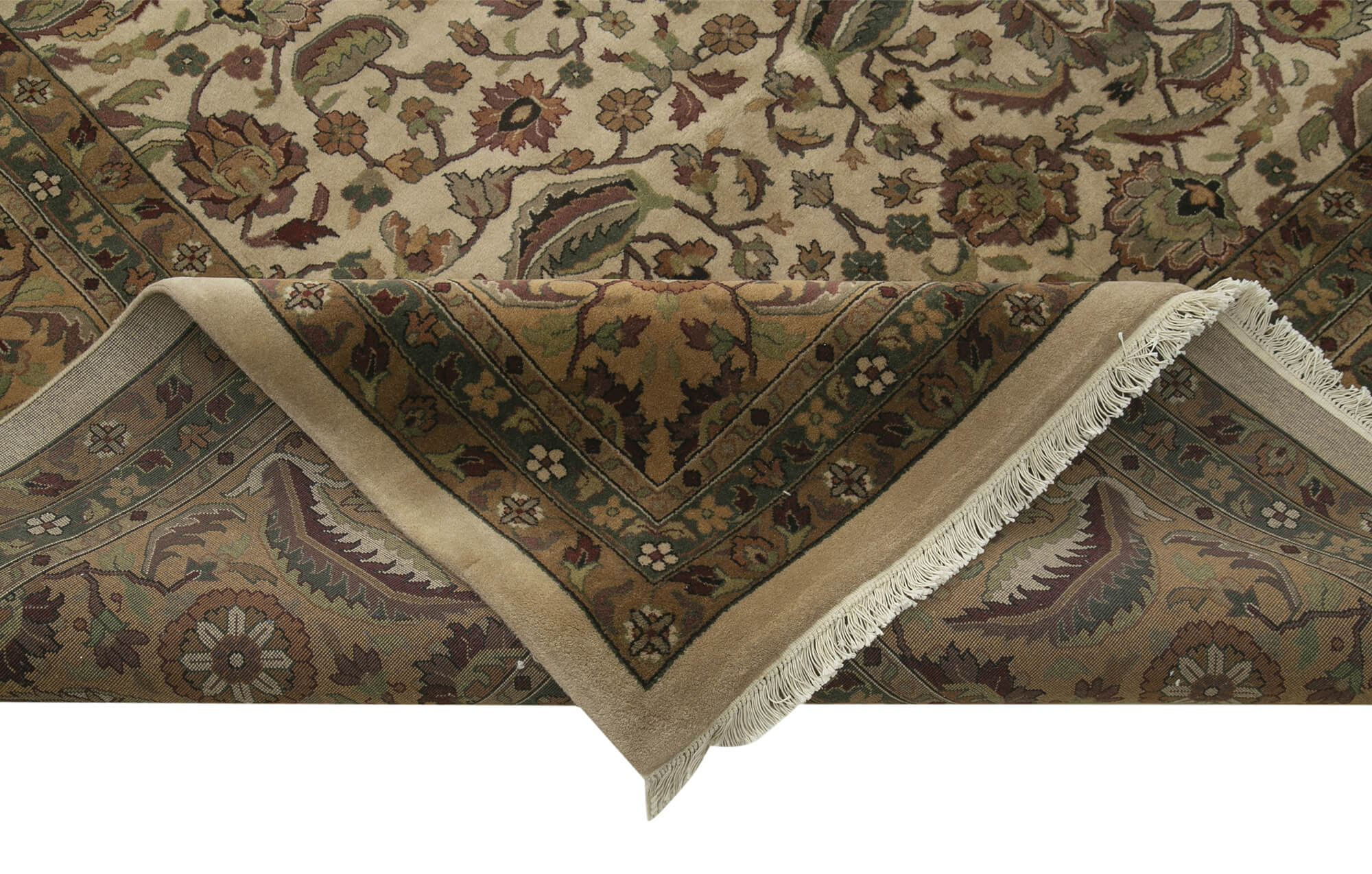 Handmade Wool Area Rug - Tebriz Classic Beige Carpet, Hand Knotted Cotton Wool Rug 12'2''x17'3''