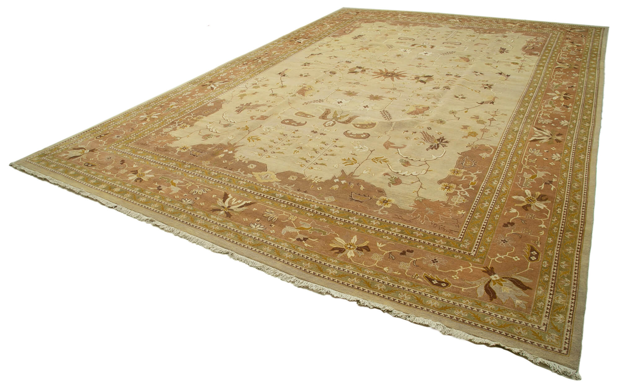 Handmade Wool Area Rug – Tebriz Classic Beige Cotton Wool Rug 12'2''x17'4''