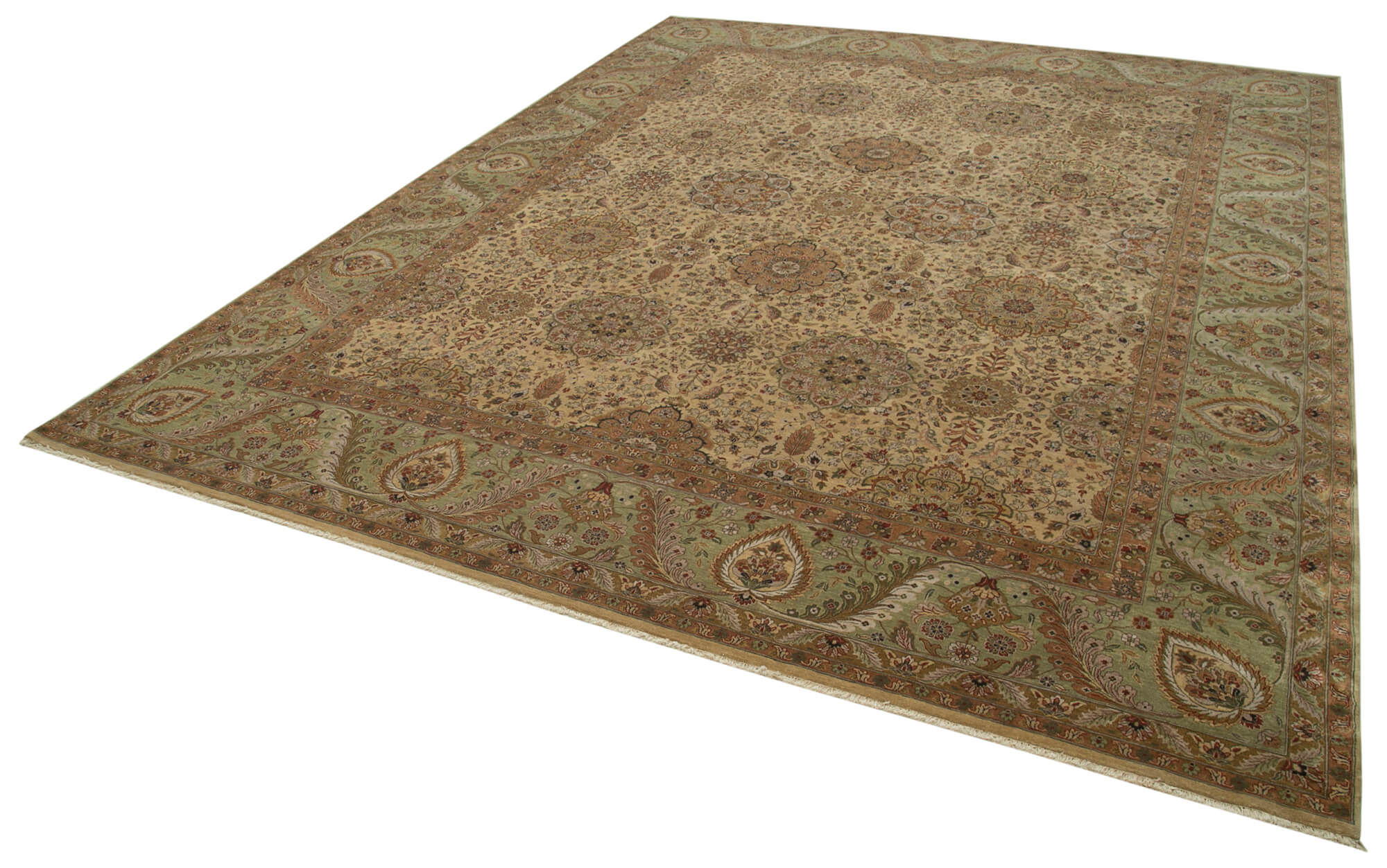 Handmade Wool Area Rug – Tebriz Classic Beige Cotton Wool Rug 12'1''x14'11''