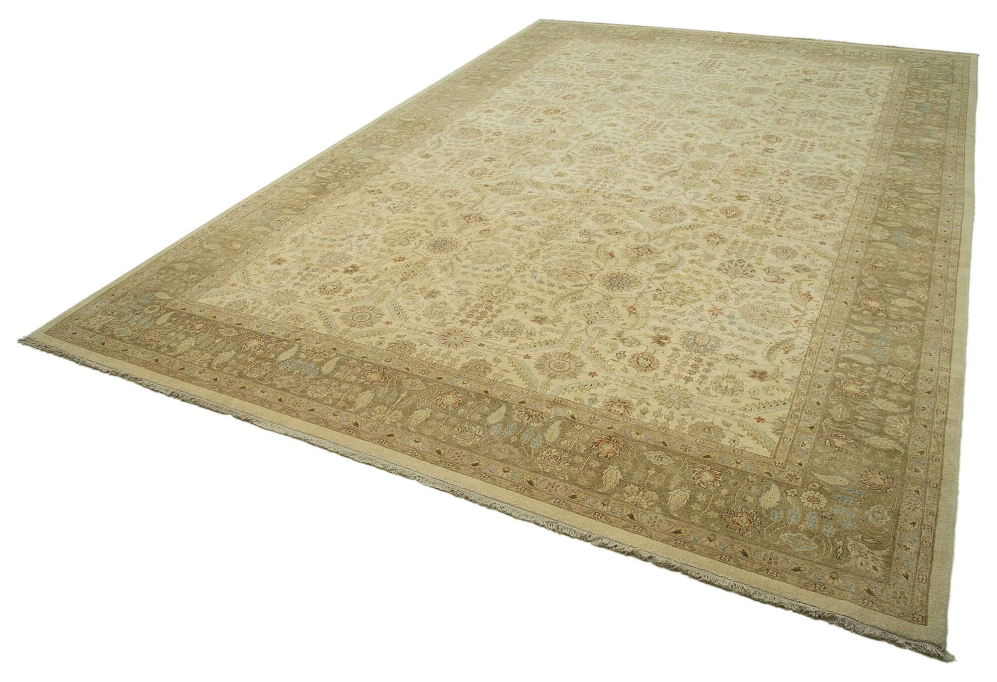 Handmade Wool Area Rug - Classic Beige Cotton Wool Rug 12x18 Vintage Turkish Carpet