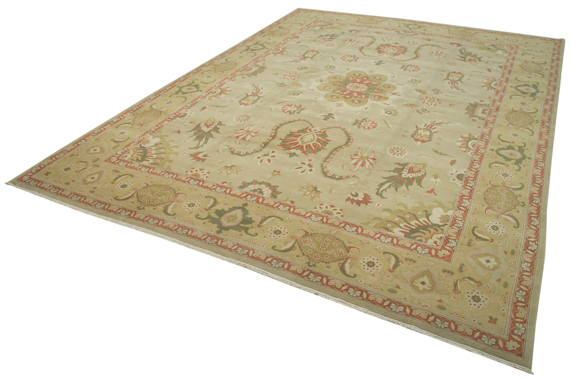 Handmade Wool Area Rug – Tebriz Classic Beige Cotton Wool 12x16 Large Rug