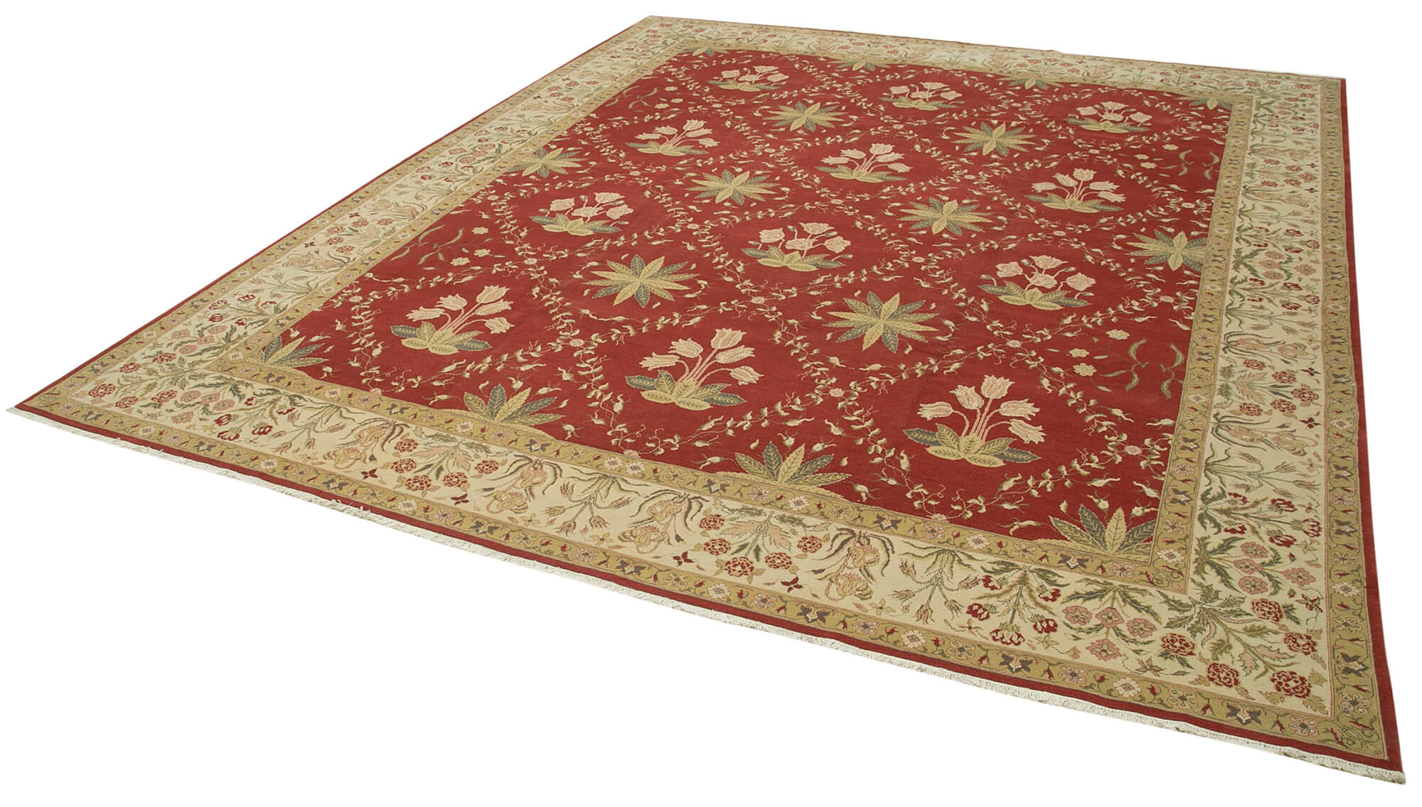 Handmade Wool Area Rug – Tebriz Red Classic Cotton Wool Rug 11'11''x14'4''