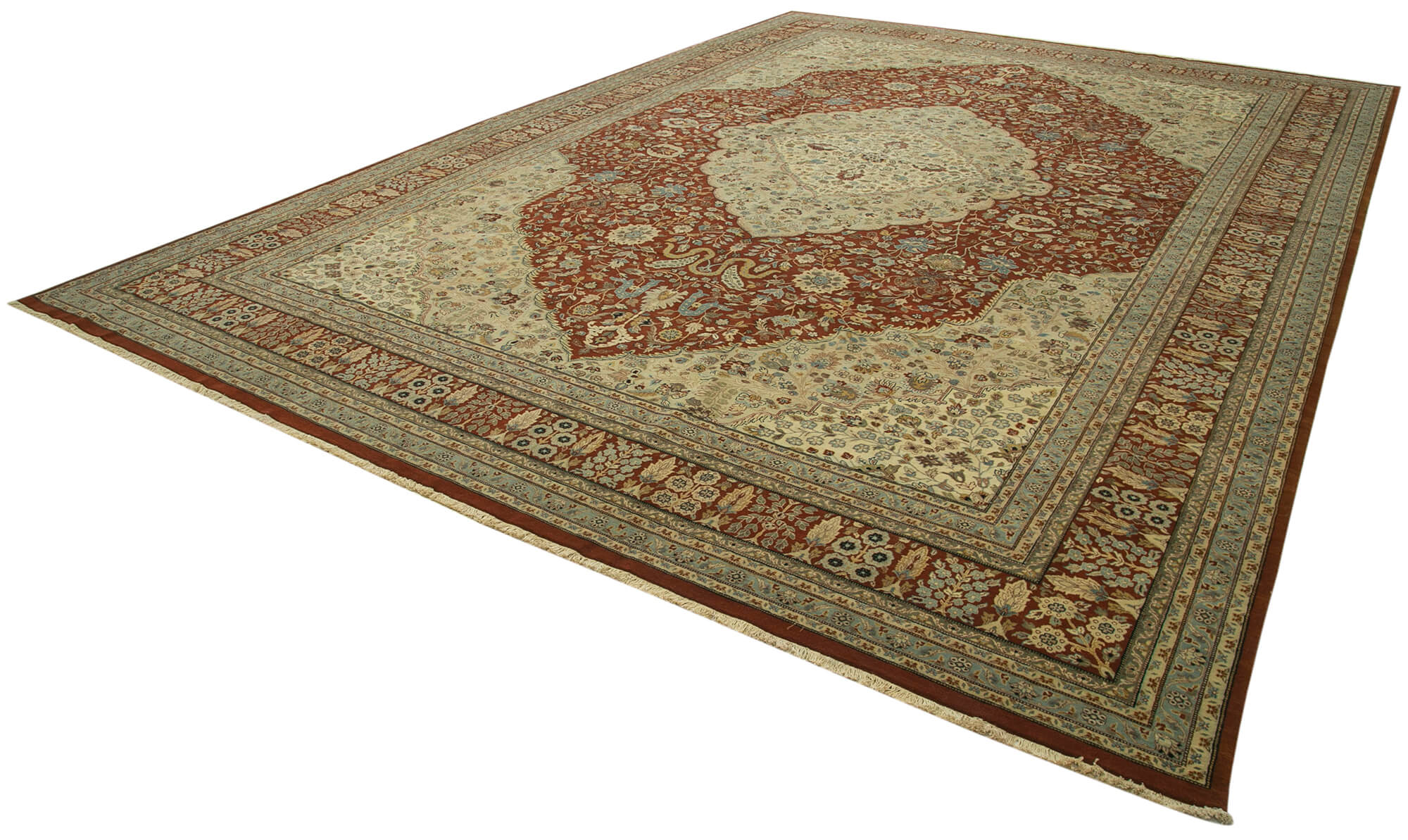 Handmade Wool Area Rug - Tebriz Beige Classic Cotton Rug 12'0'' x 17'3'' Large Living Room