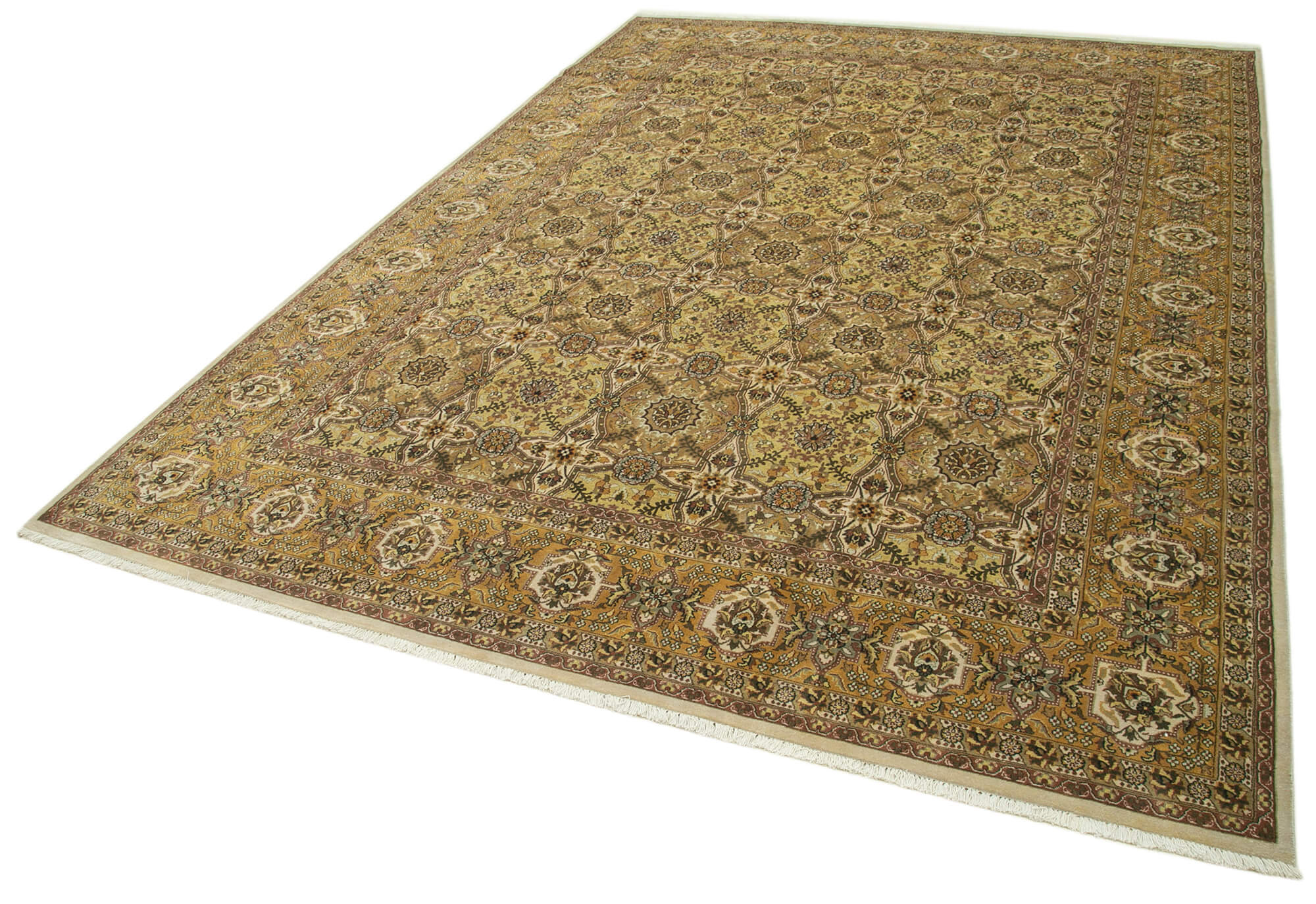 Handmade Wool Area Rug - Tebriz Classic Beige Cotton Wool Rug 10'x14' Durable Carpet
