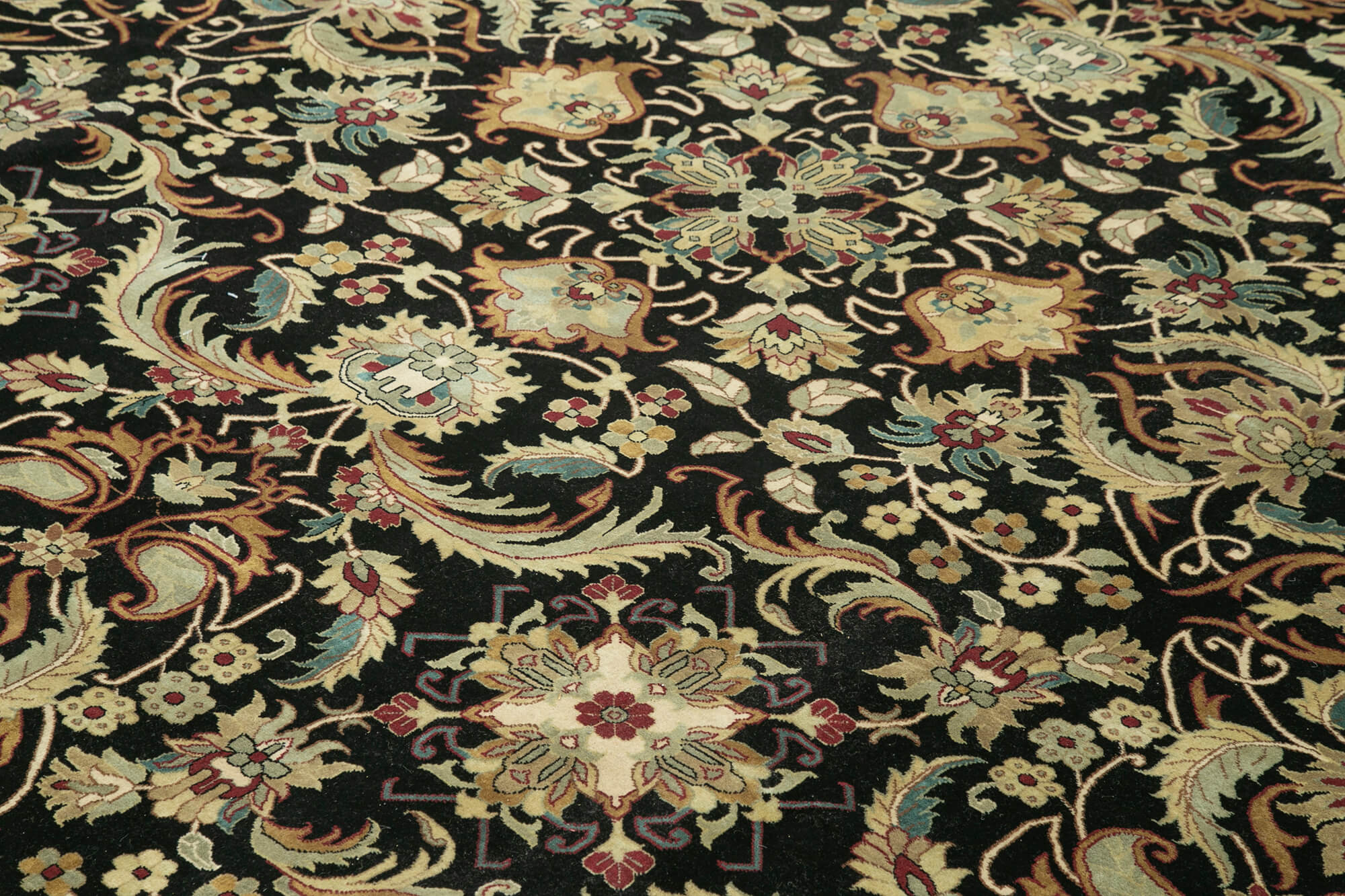 Handmade Wool Area Rug – Tebriz Black Classic Cotton Rug 12'4''x11'11'' Vintage