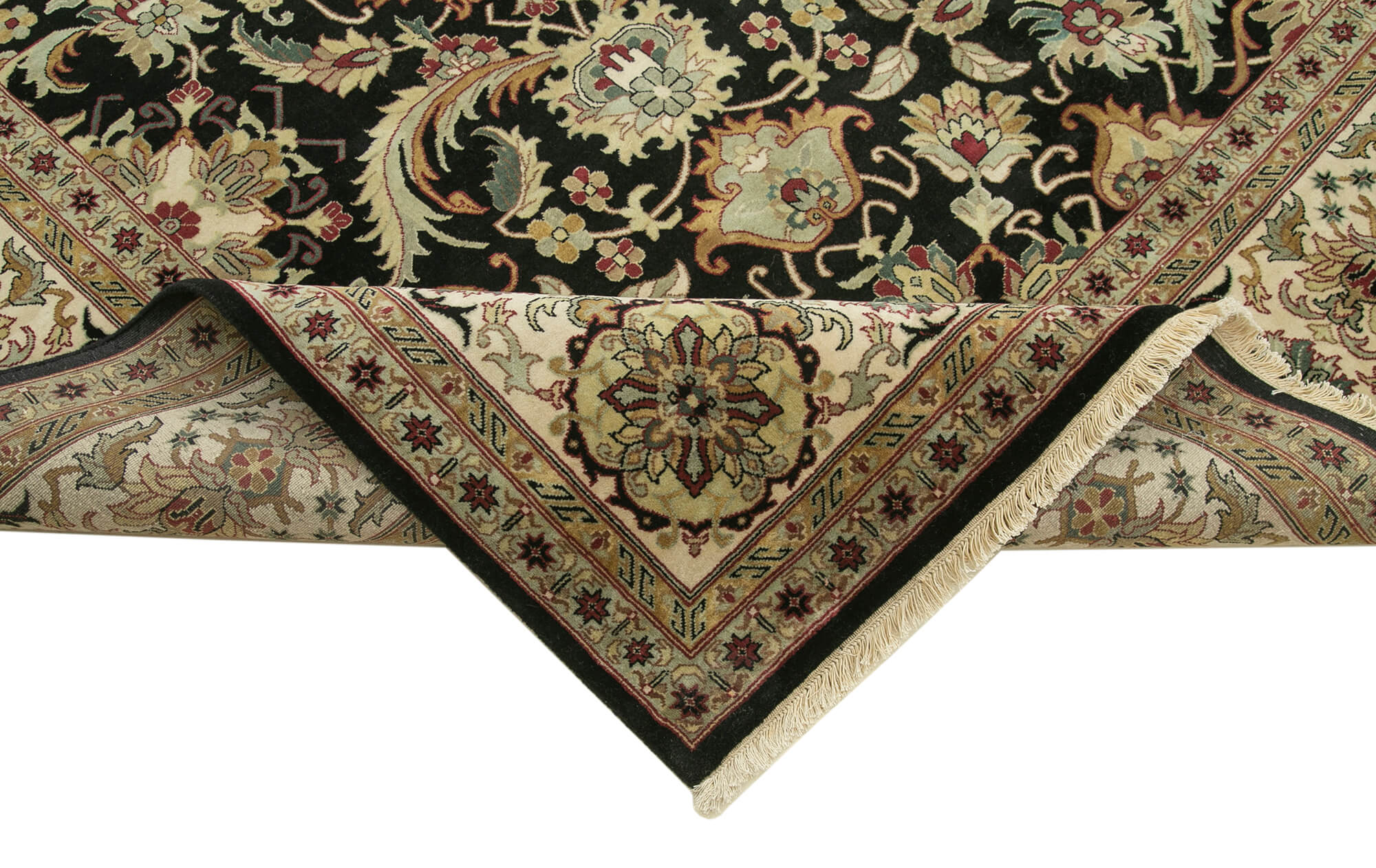 Handmade Wool Area Rug – Tebriz Black Classic Cotton Rug 12'4''x11'11'' Vintage