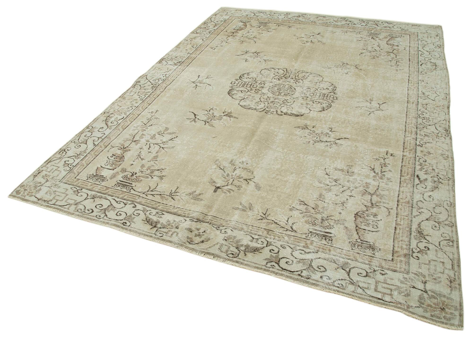 Vintage Handmade Area Rug – Beige Turkish Vintage Carpet, Hand Woven Cotton Wool
