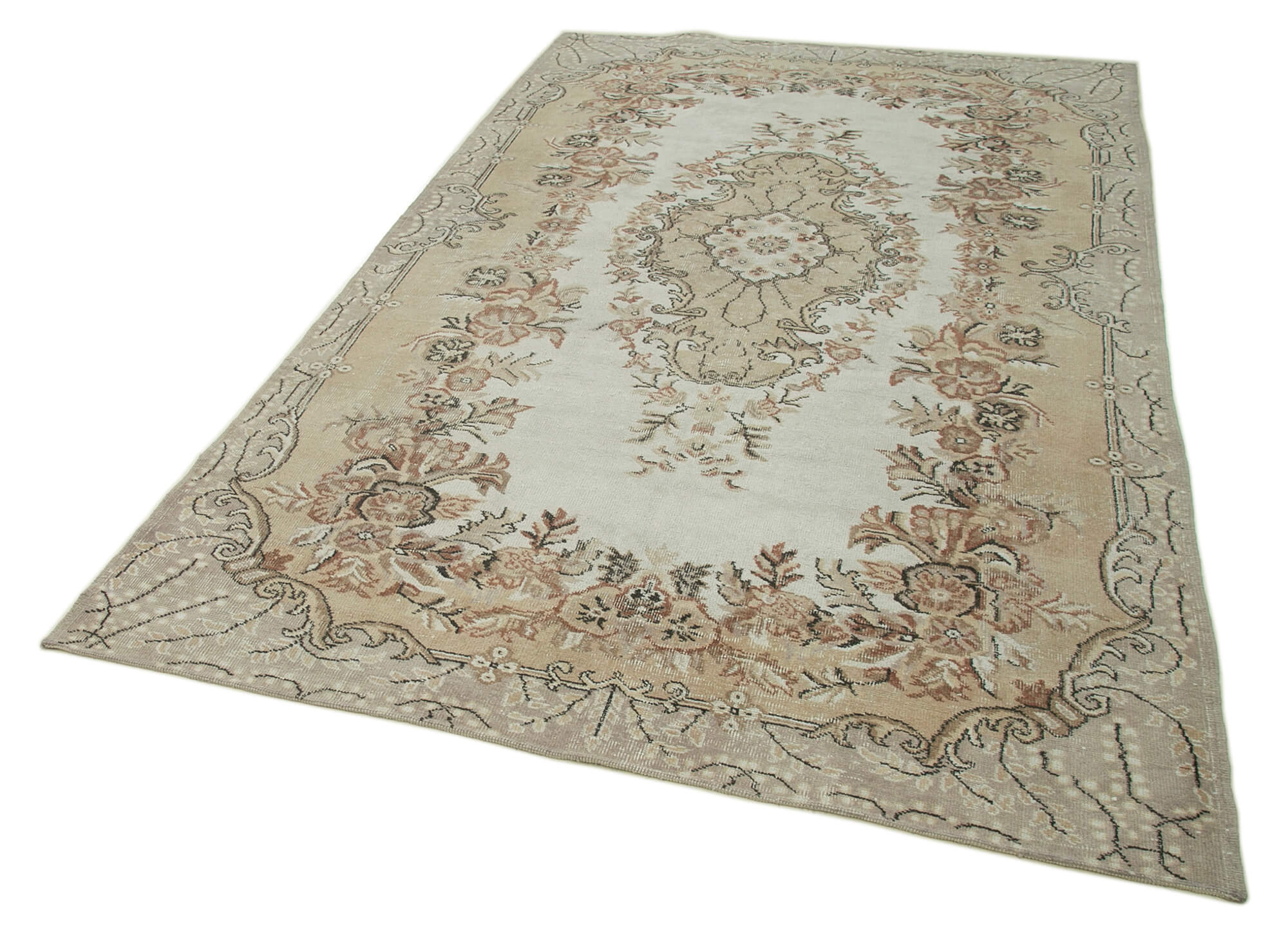 Handmade Vintage Area Rug - Neutral Beige Cotton Wool Carpet 5'9''x9'4''
