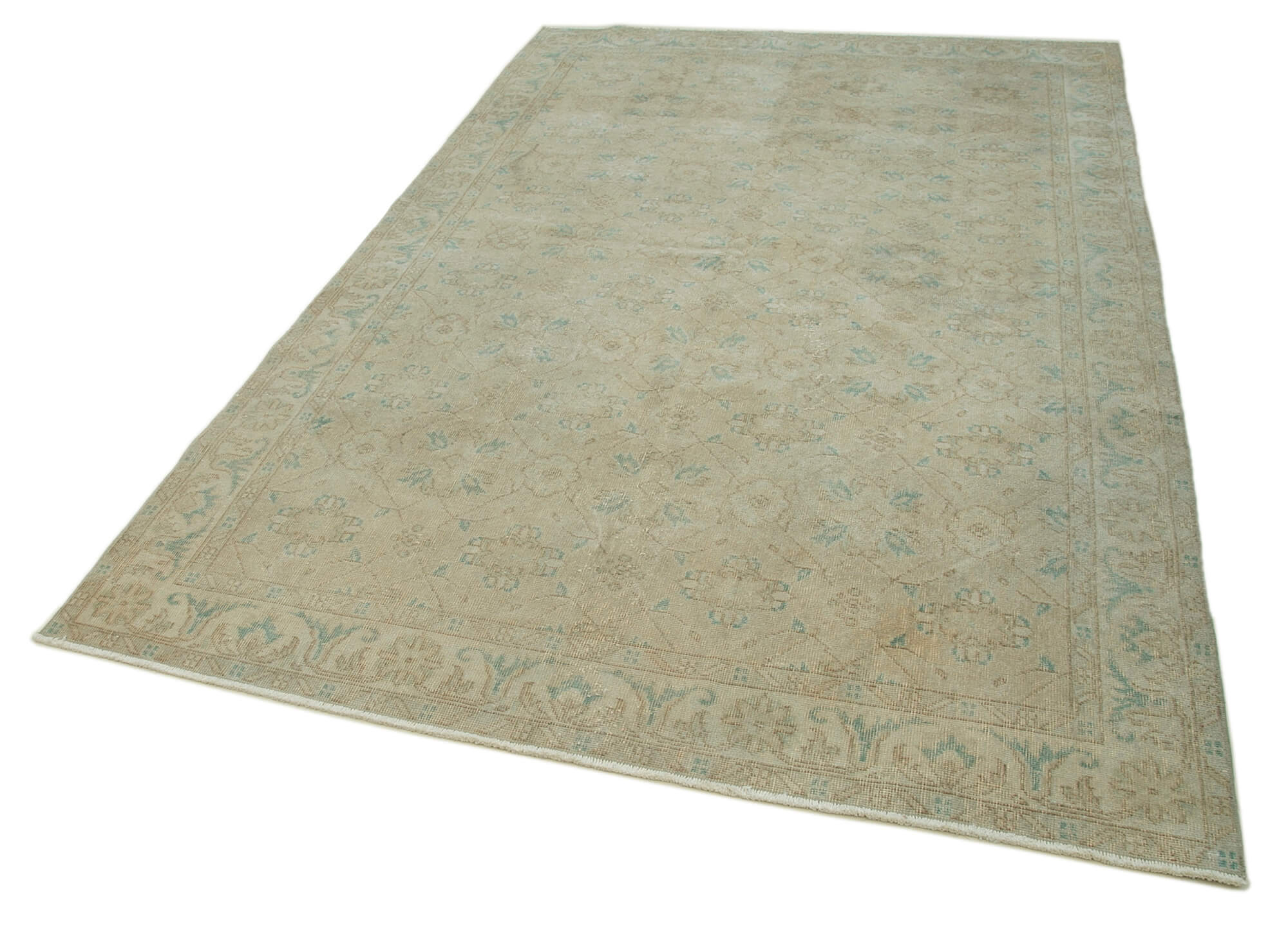 Vintage Cotton Wool Rug - Handmade Area Rug 5'11''x9'5'' Beige Turkish Wool Carpet