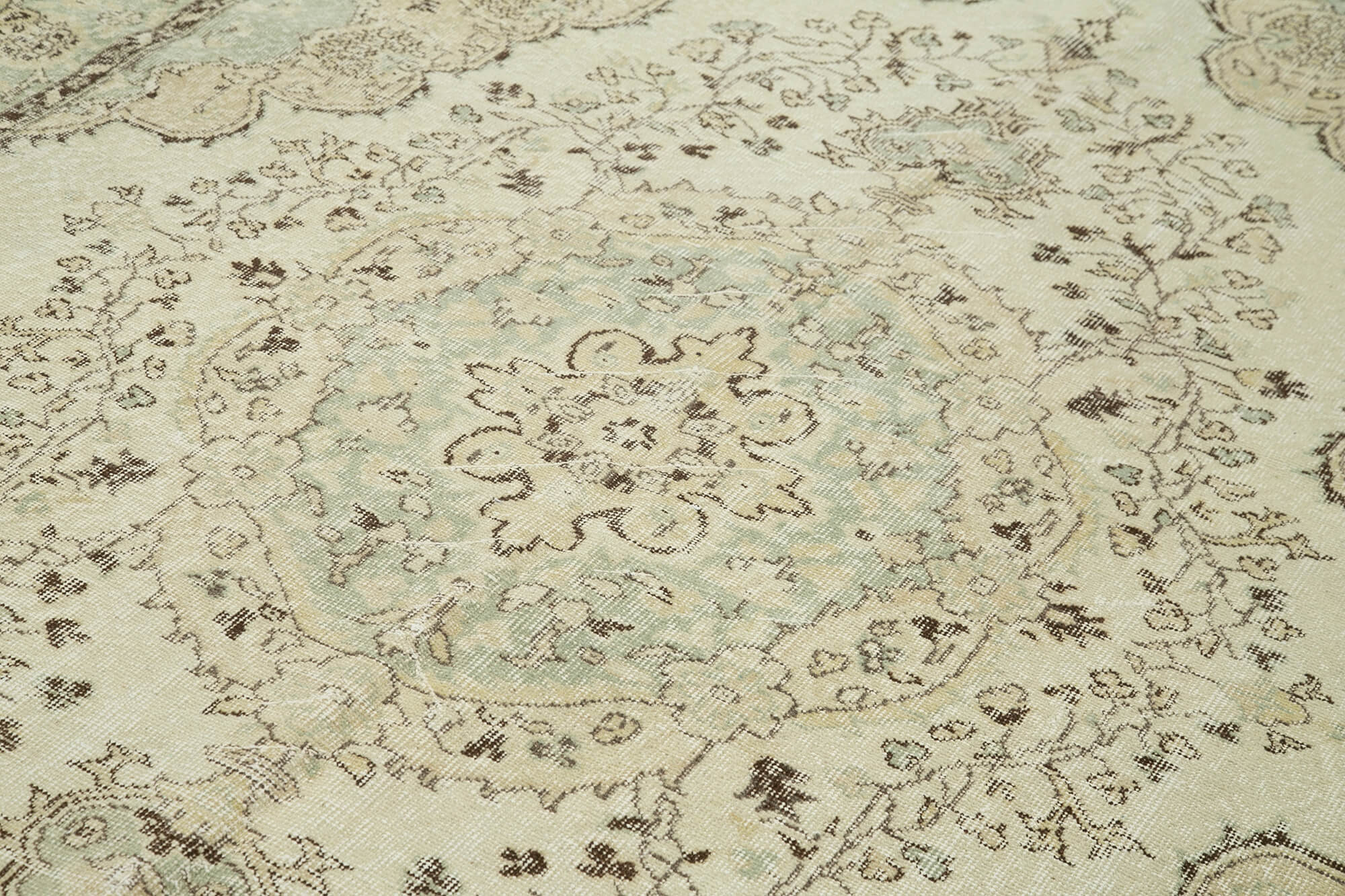 Handmade Vintage Area Rug – Beige Wool Carpet, Turkish Hand Knotted Cotton Weave 7'1''x10'1''