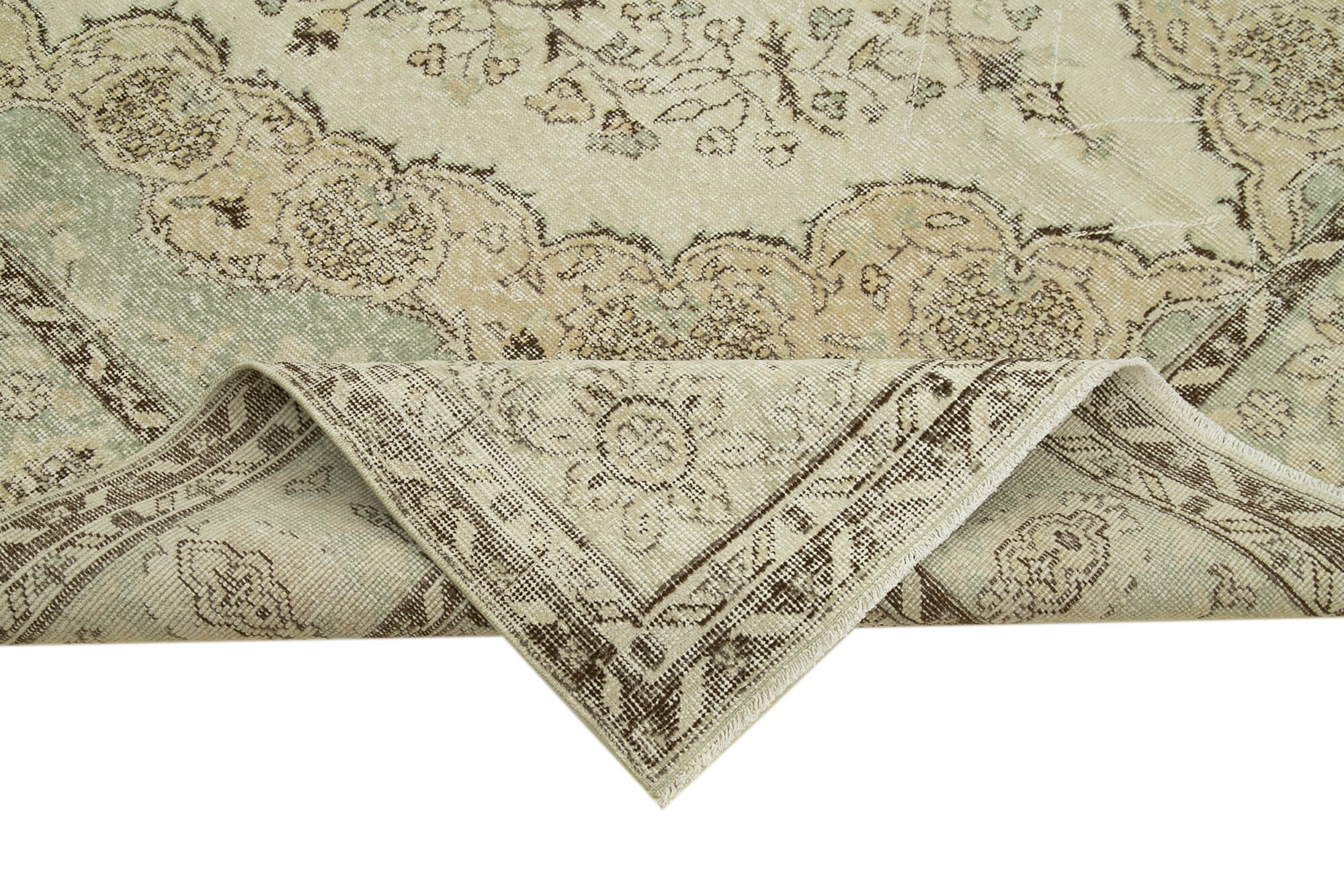 Handmade Vintage Area Rug – Beige Wool Carpet, Turkish Hand Knotted Cotton Weave 7'1''x10'1''