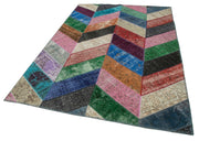 Handmade Patchwork Rug - Blue Cotton Wool Vintage Area Rug 5'7''x8'1''