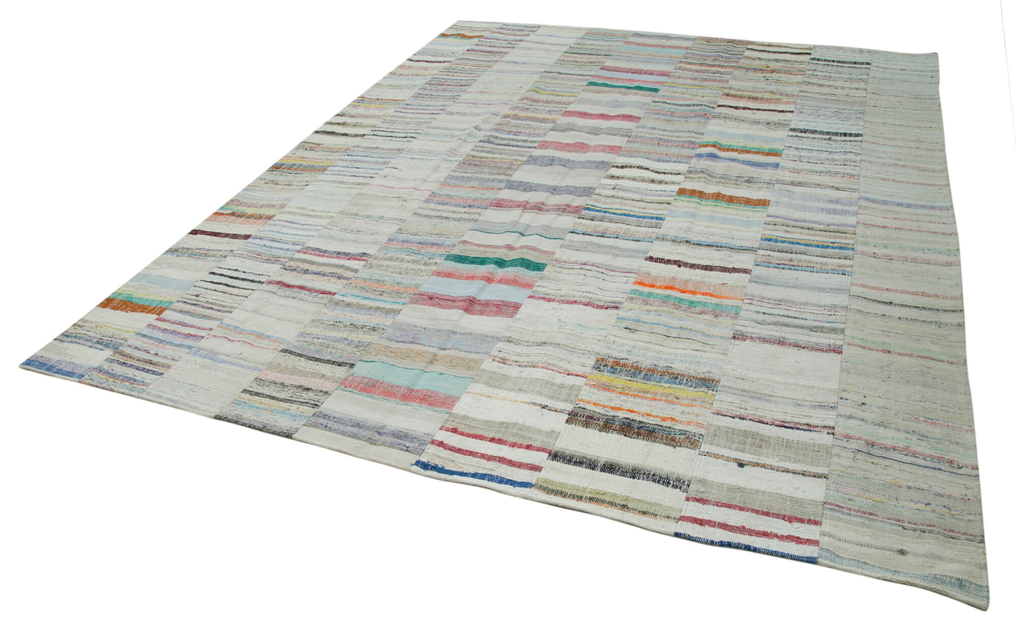 Handmade Area Rug – Beige Patchwork Cotton Wool Vintage Turkish Carpet 10'x13'5''