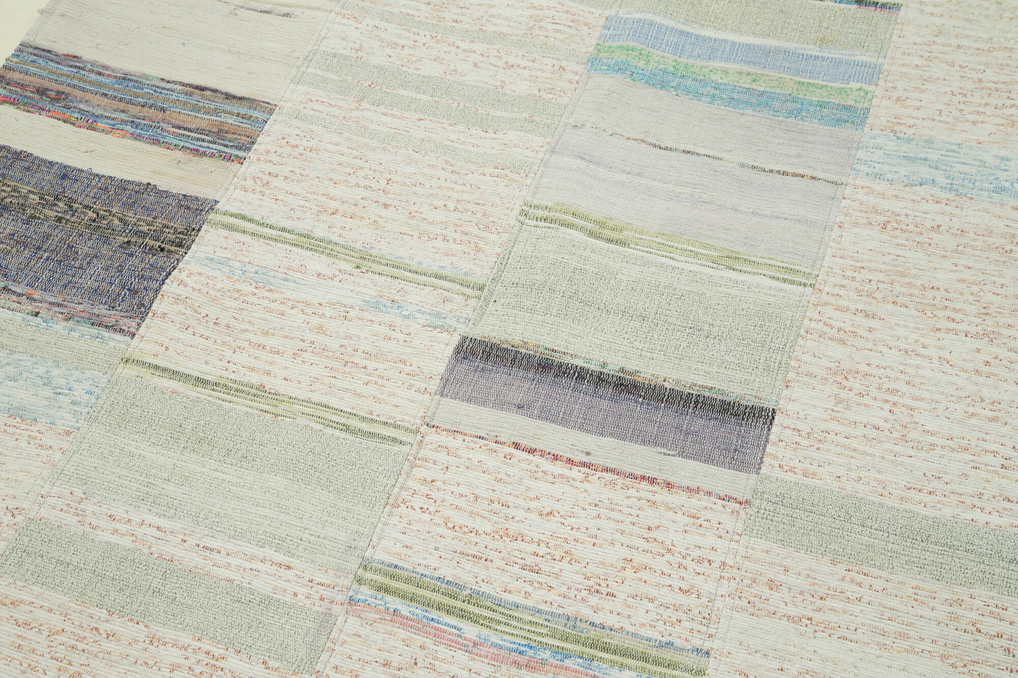 Handmade Wool Area Rug - Beige Patchwork Cotton Wool Rug 4'3''x6'11'' for Living Room